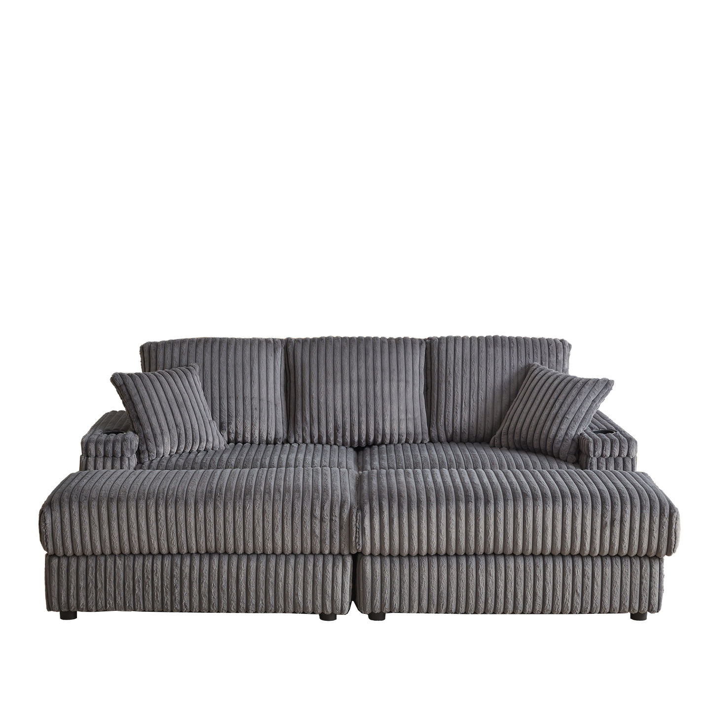 Plush grey corduroy sofa with plush seating and throw pillows perfect for a cozy living room