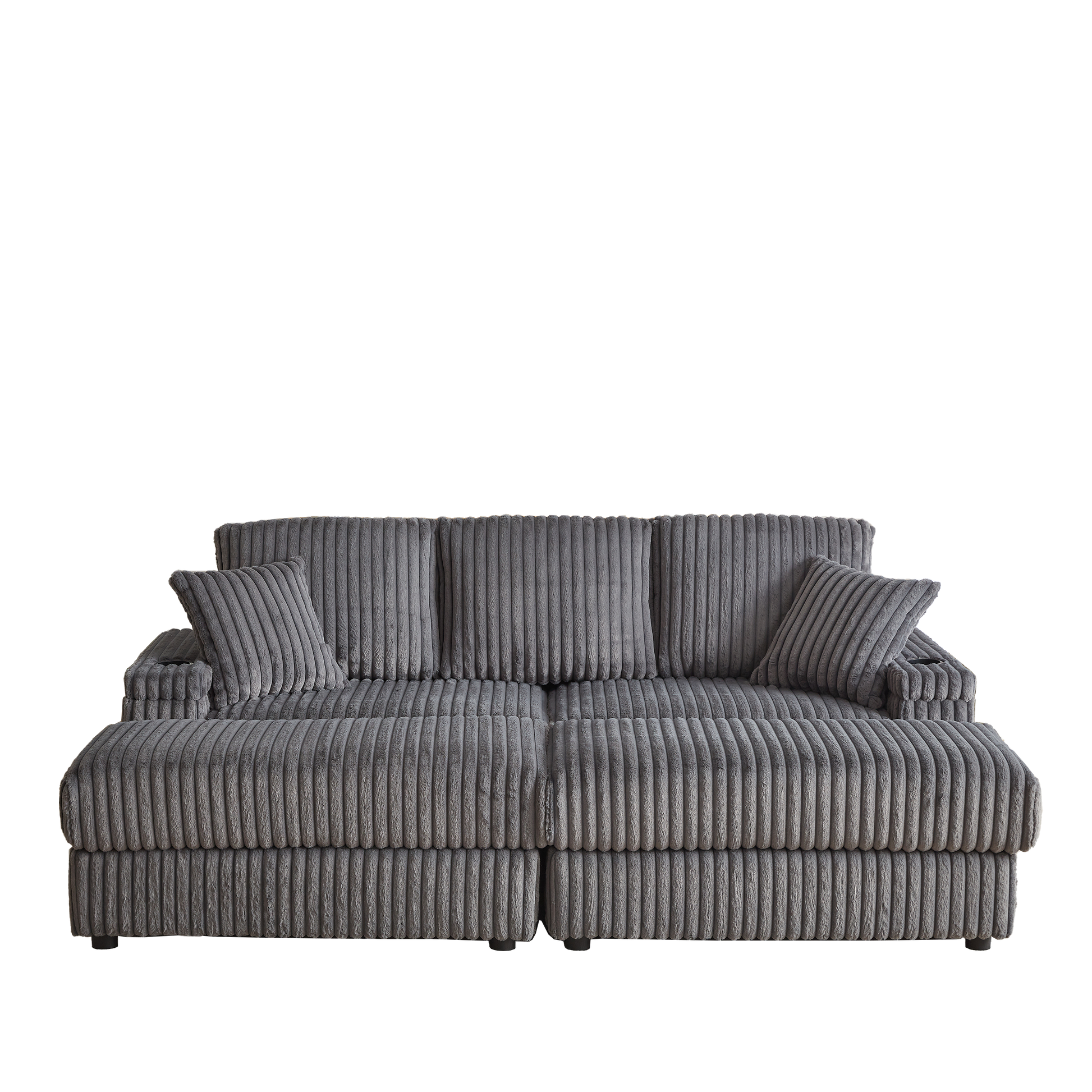 Plush grey corduroy sofa with plush seating and throw pillows perfect for a cozy living room