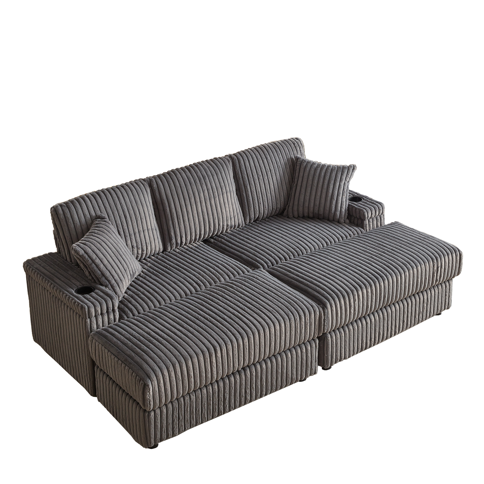 Comfortable grey corduroy sectional sofa with builtin cup holders for relaxation