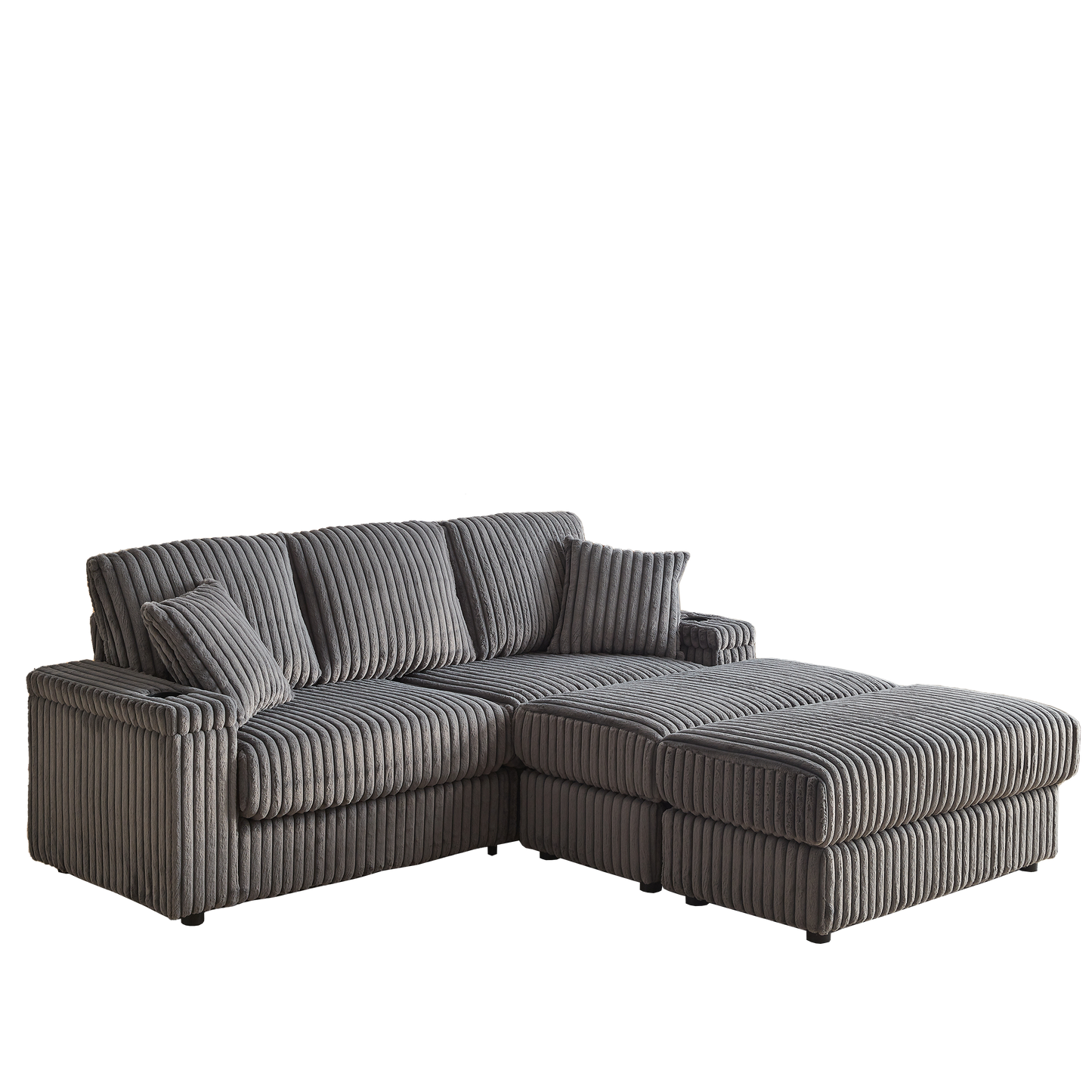 Plush grey corduroy sectional sofa with chaise lounge perfect for modern living rooms