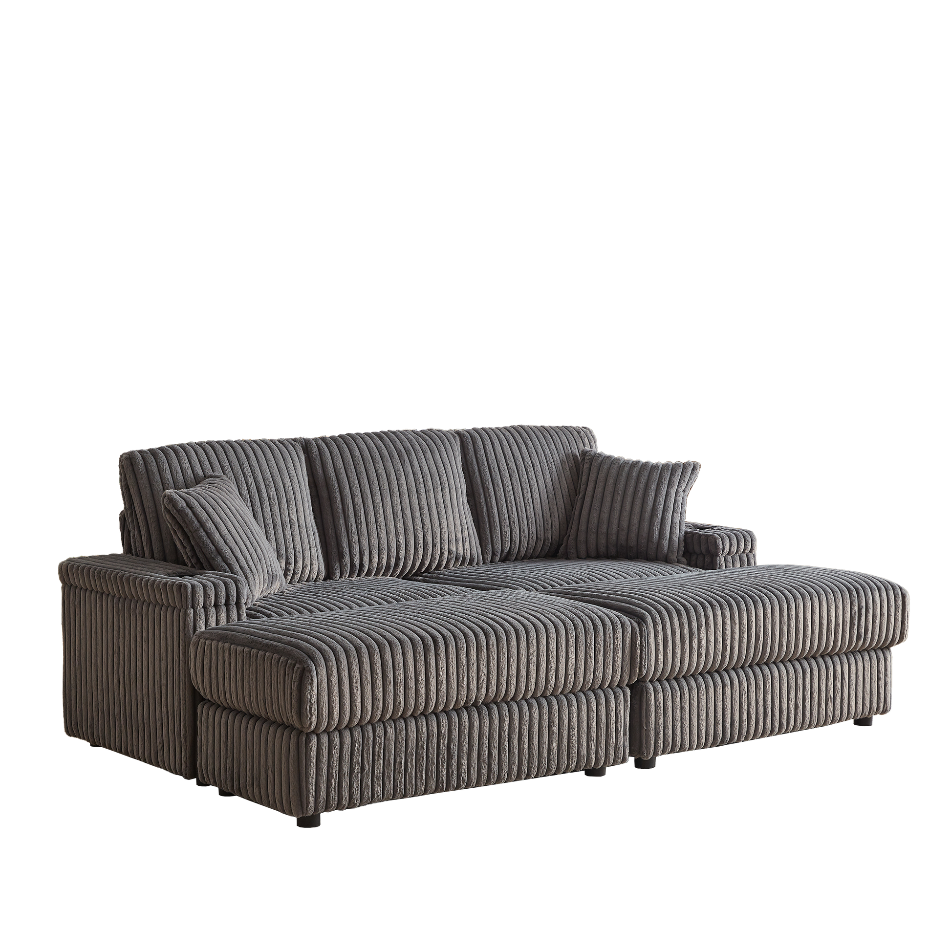 Comfortable grey corduroy sectional sofa with chaise lounge and plush pillows