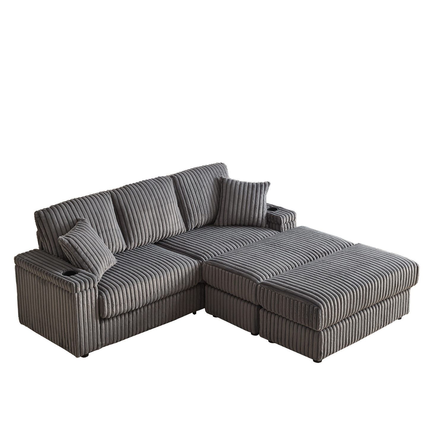 Plush grey corduroy sectional sofa with ottoman and integrated cup holders