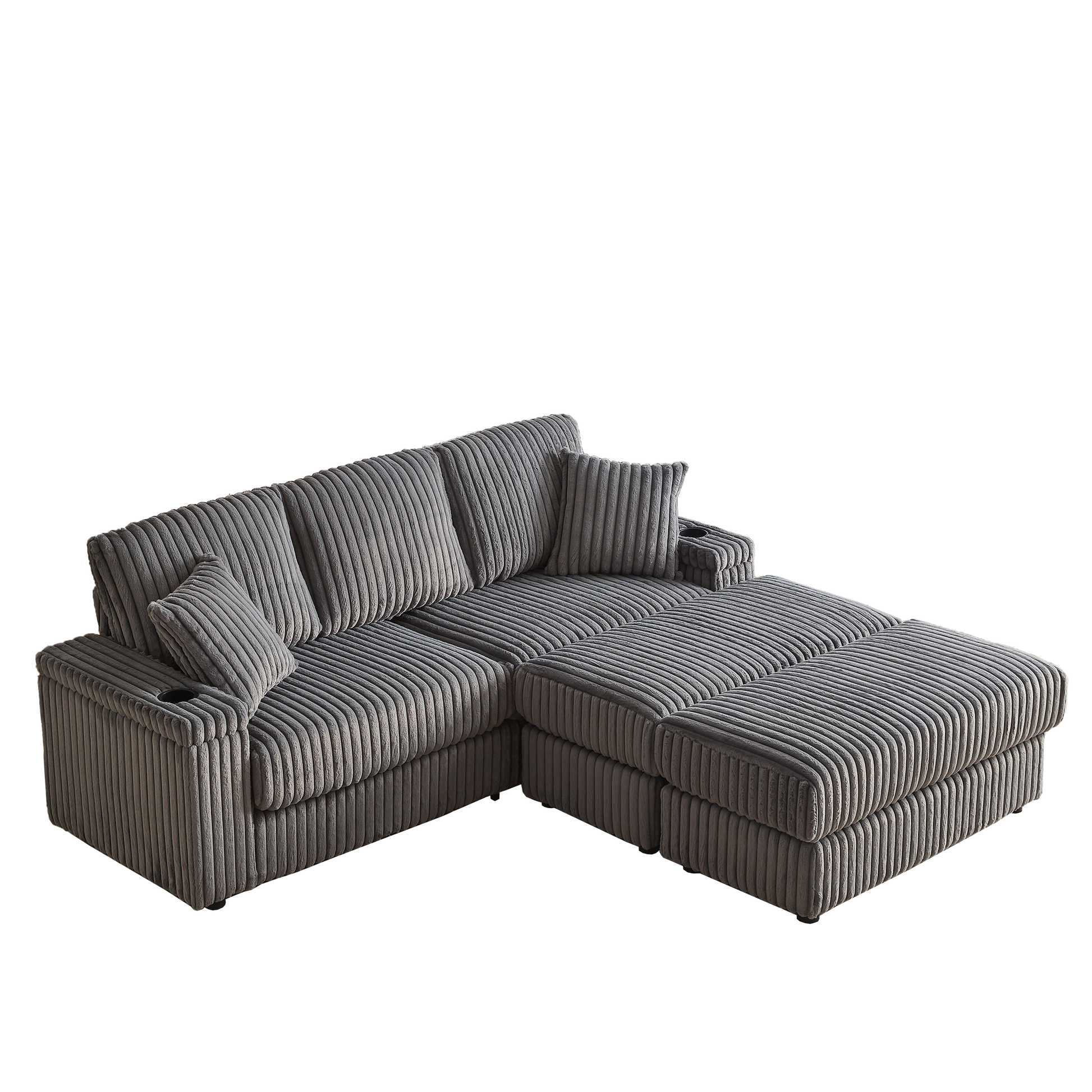 Plush grey corduroy sectional sofa with ottoman and integrated cup holders