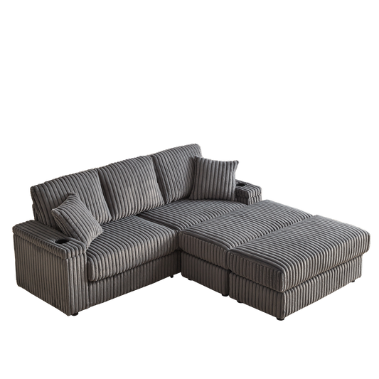 Plush grey corduroy sectional sofa with ottoman and integrated cup holders