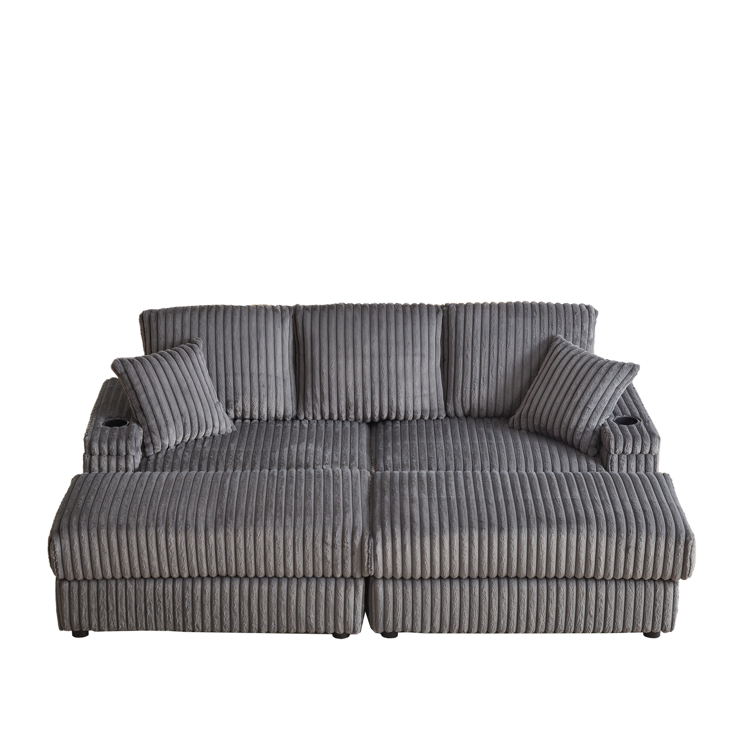 Plush grey corduroy sofa with integrated cup holders perfect for a modern living room