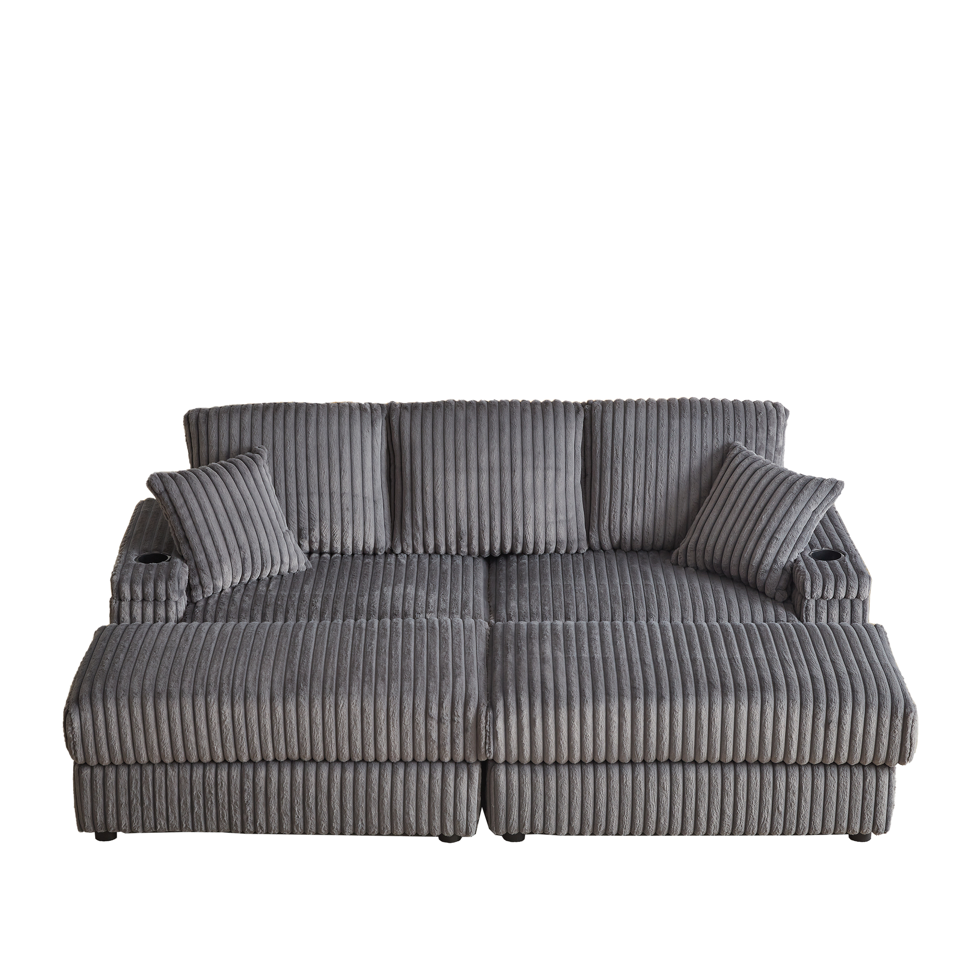 Plush grey corduroy sofa with integrated cup holders perfect for a modern living room
