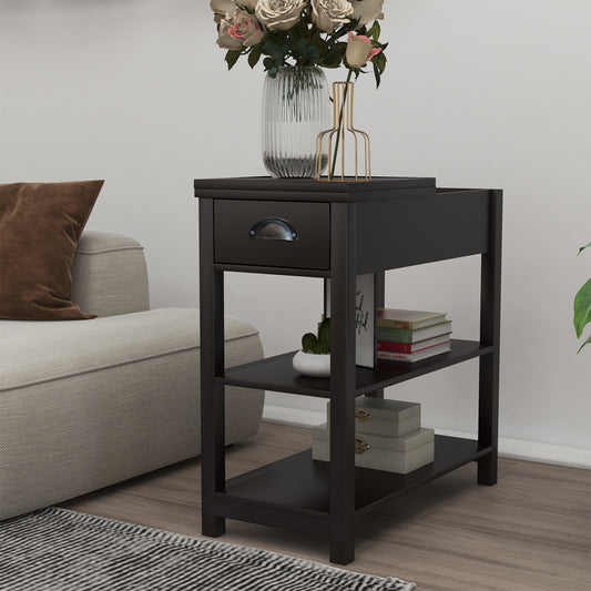 Dark brown wooden end table with drawer and open shelves