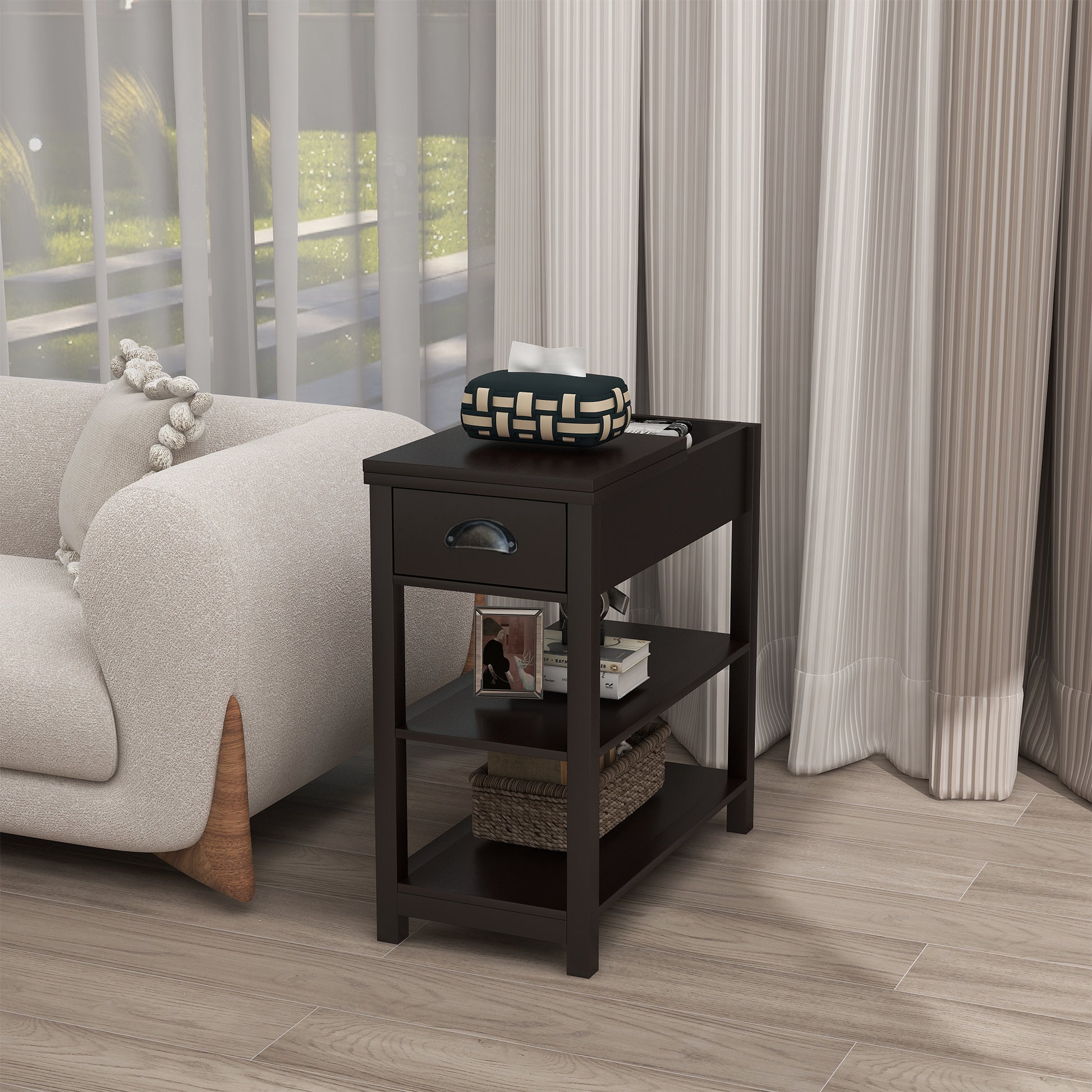 Dark brown wood end table with drawer and open shelves for living room storage