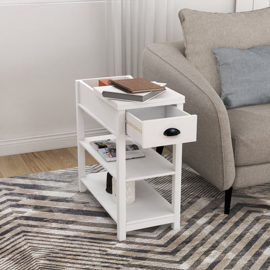White slim end table with open shelves and a single drawer for living room storage