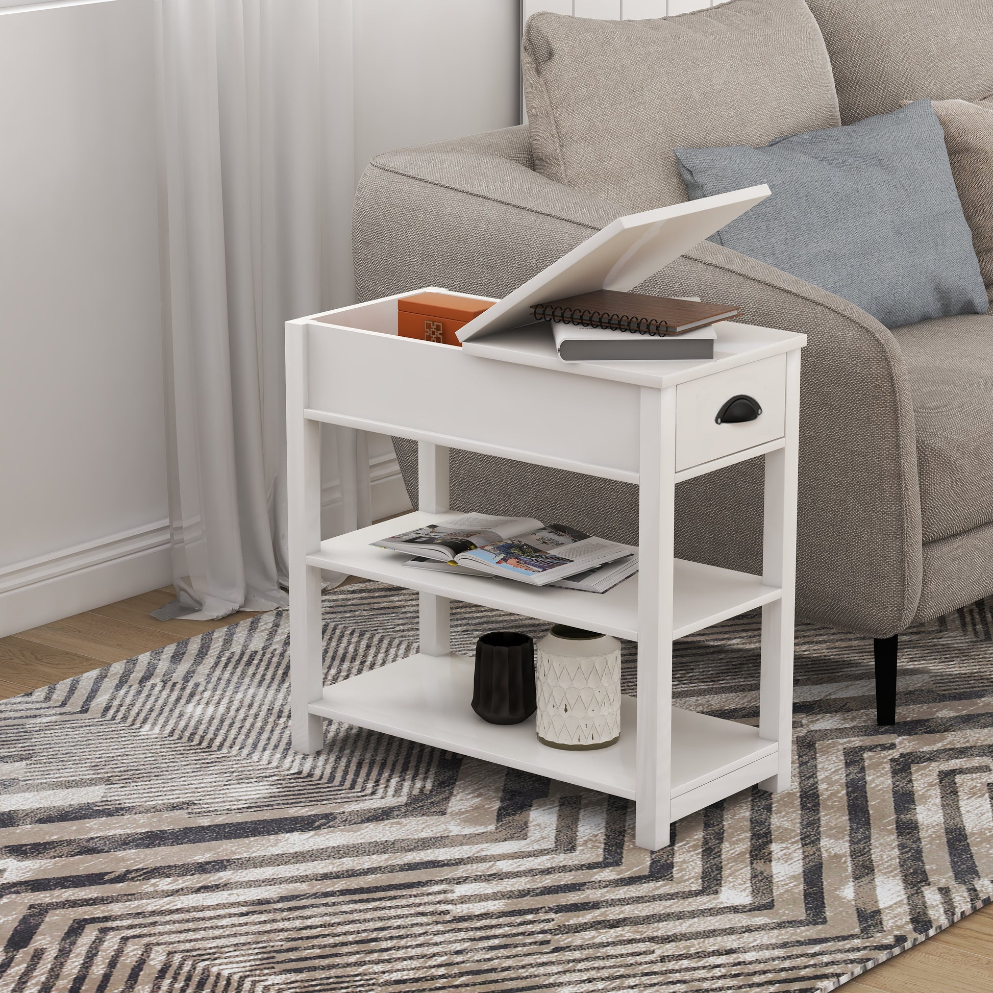 White accent side table with two shelves a drawer and storage compartment