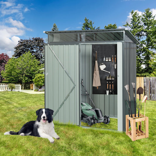 Modern metal garden shed in sage green with clear roof panels ideal for storage