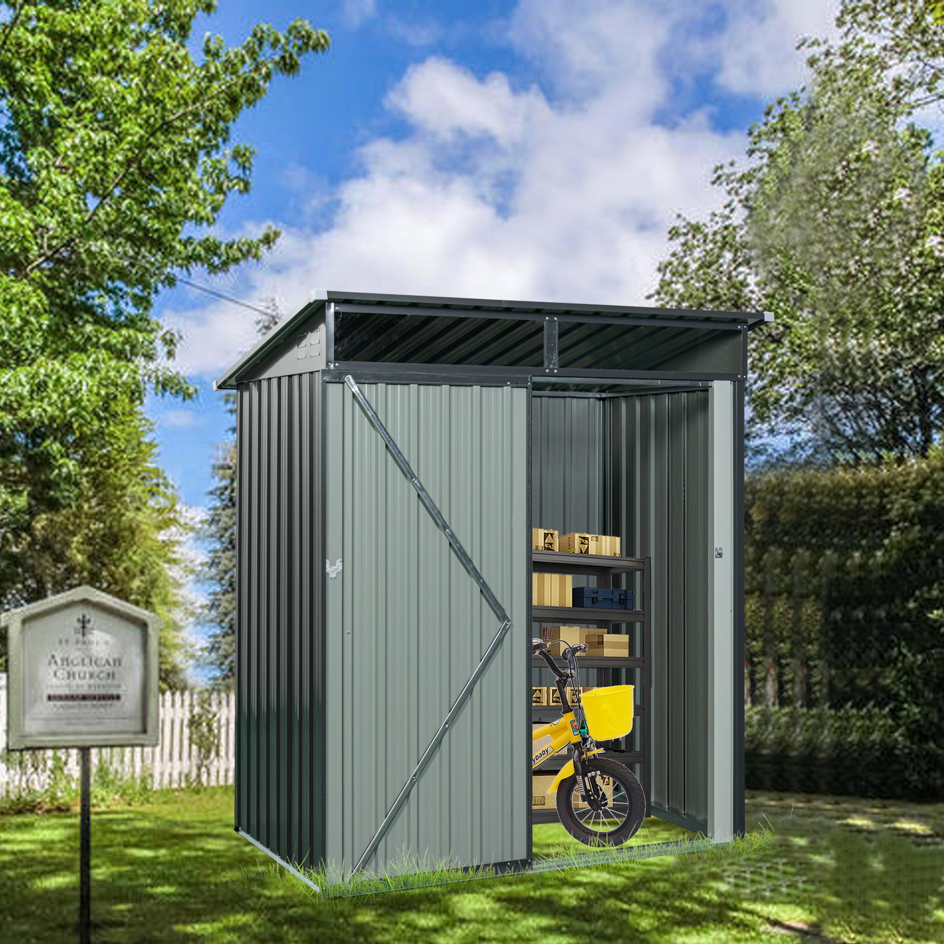 Gray metal garden shed with yellow bicycle and storage shelves inside