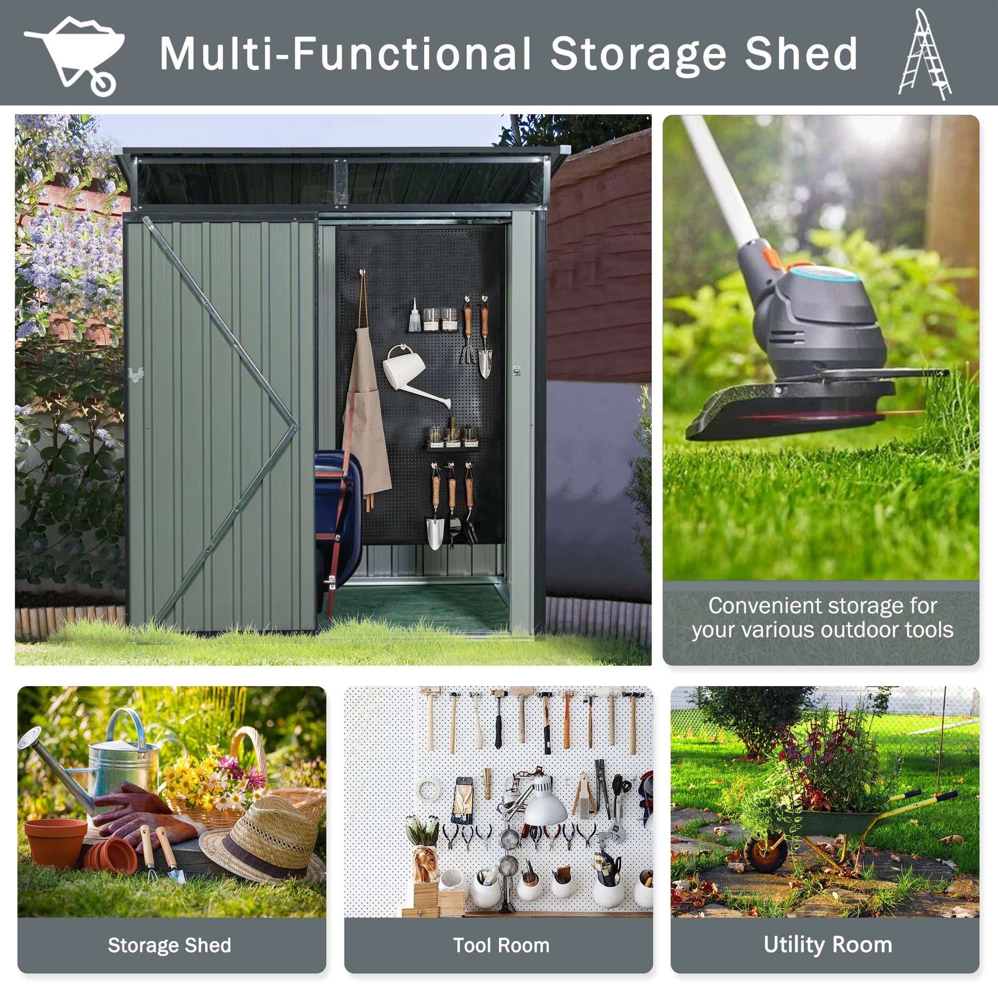 Open green metal multifunctional storage shed with tools inside