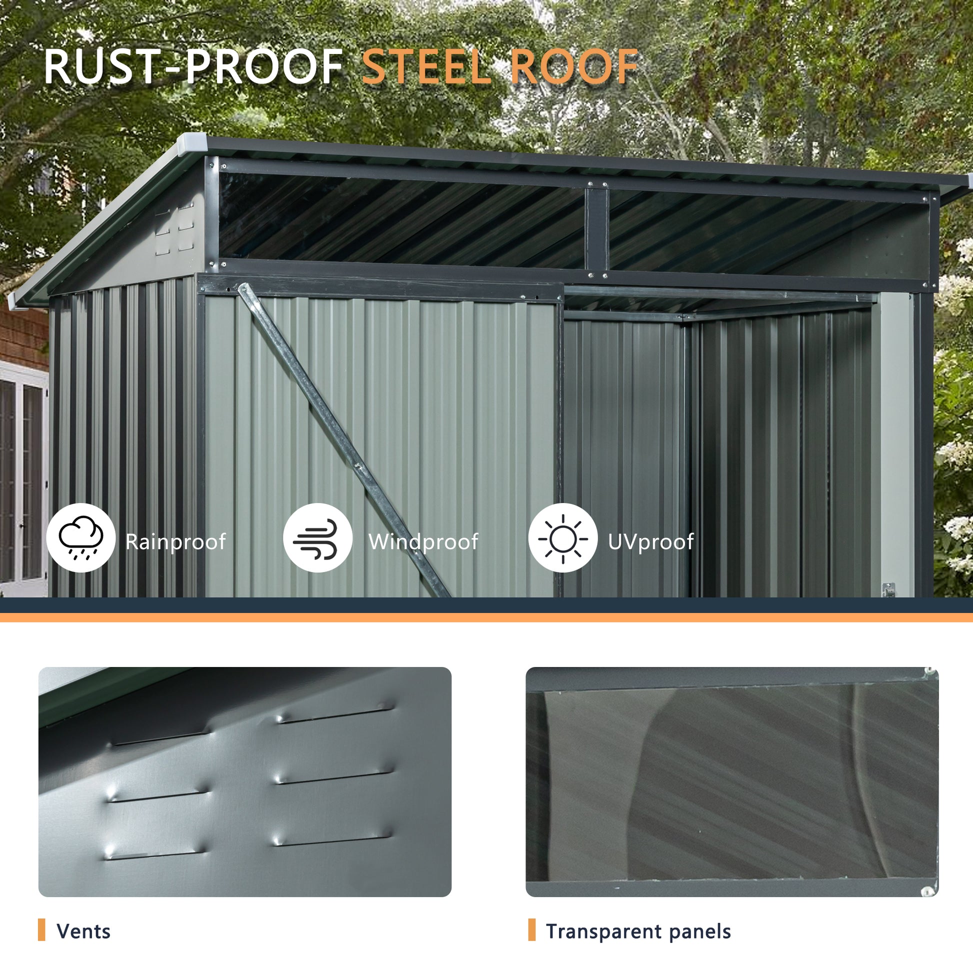 Steel garden shed with a rustproof grey corrugated metal roof and wall construction