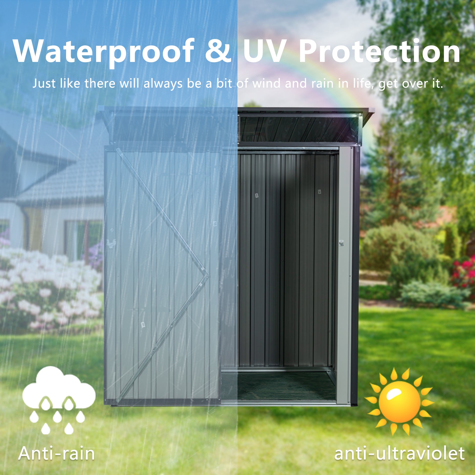 Metal garden shed with double doors showcasing waterproof and UV protection