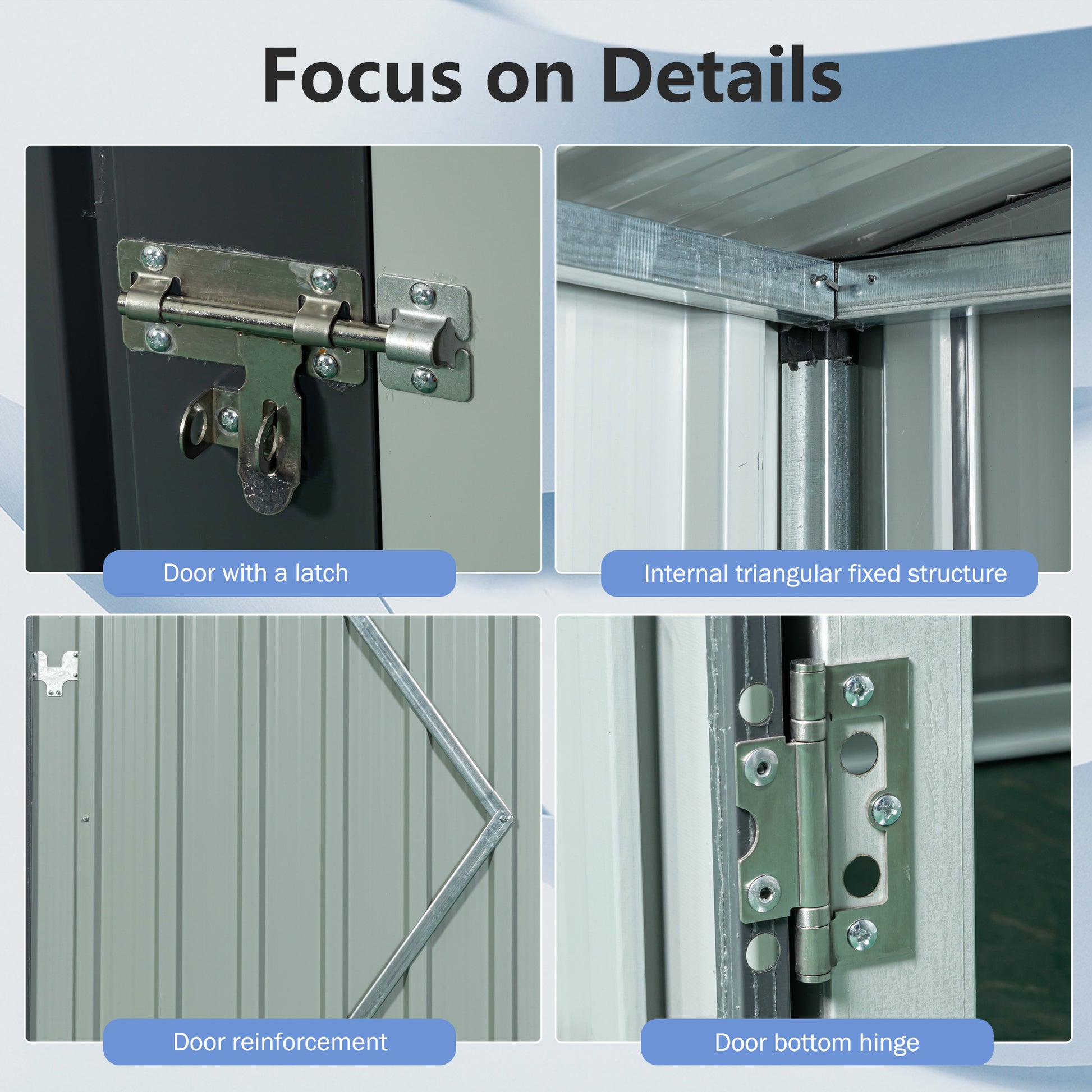 Closeup of a metal shed door with a silver bolt latch showcasing security features