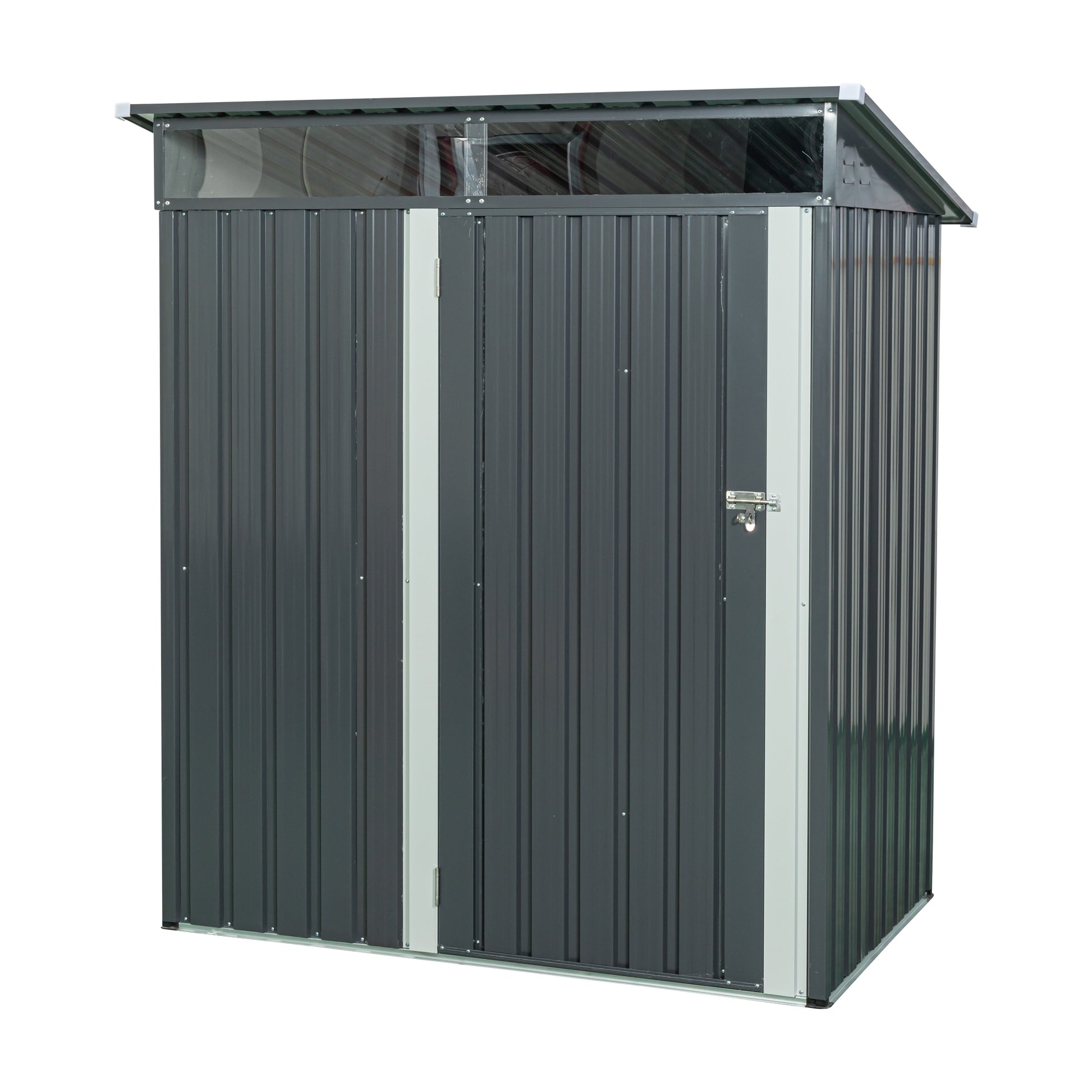 Dark gray metal garden shed with a sloped roof and double doors