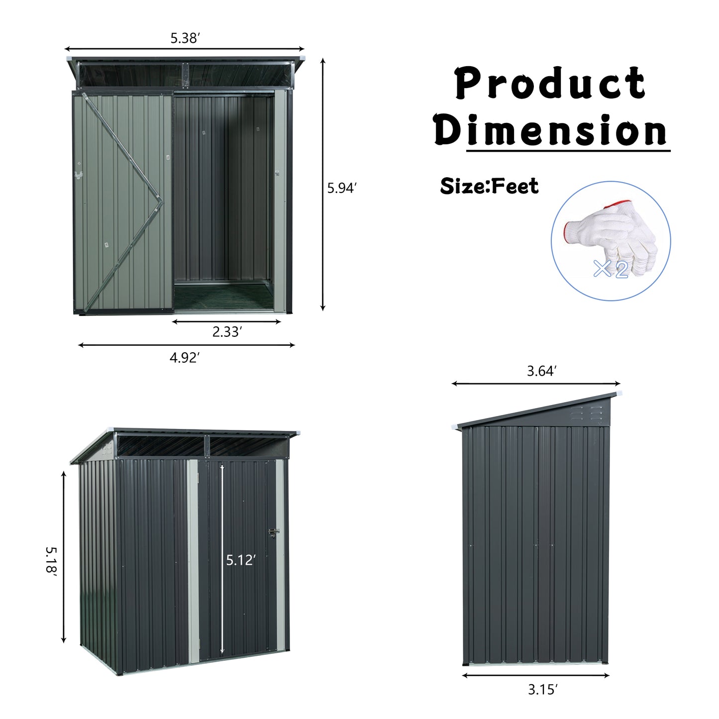 Gray metal garden shed with double doors and sloped roof ft wide