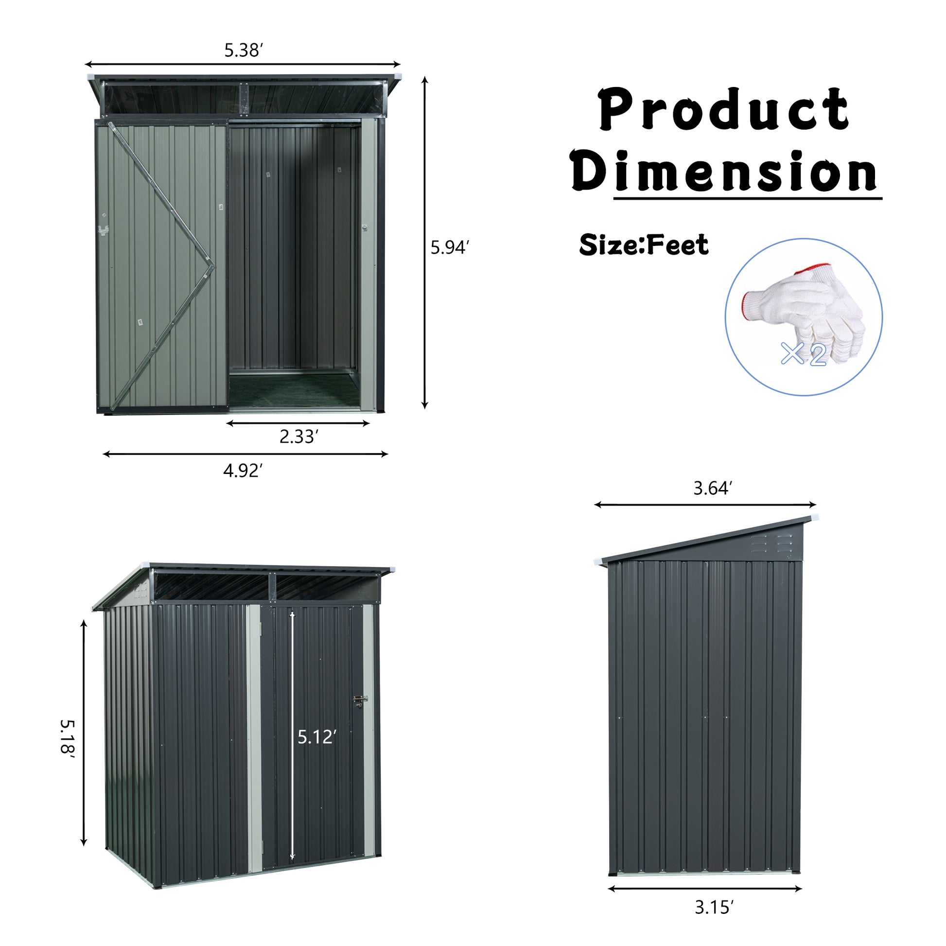 Gray metal garden shed with double doors and sloped roof ft wide