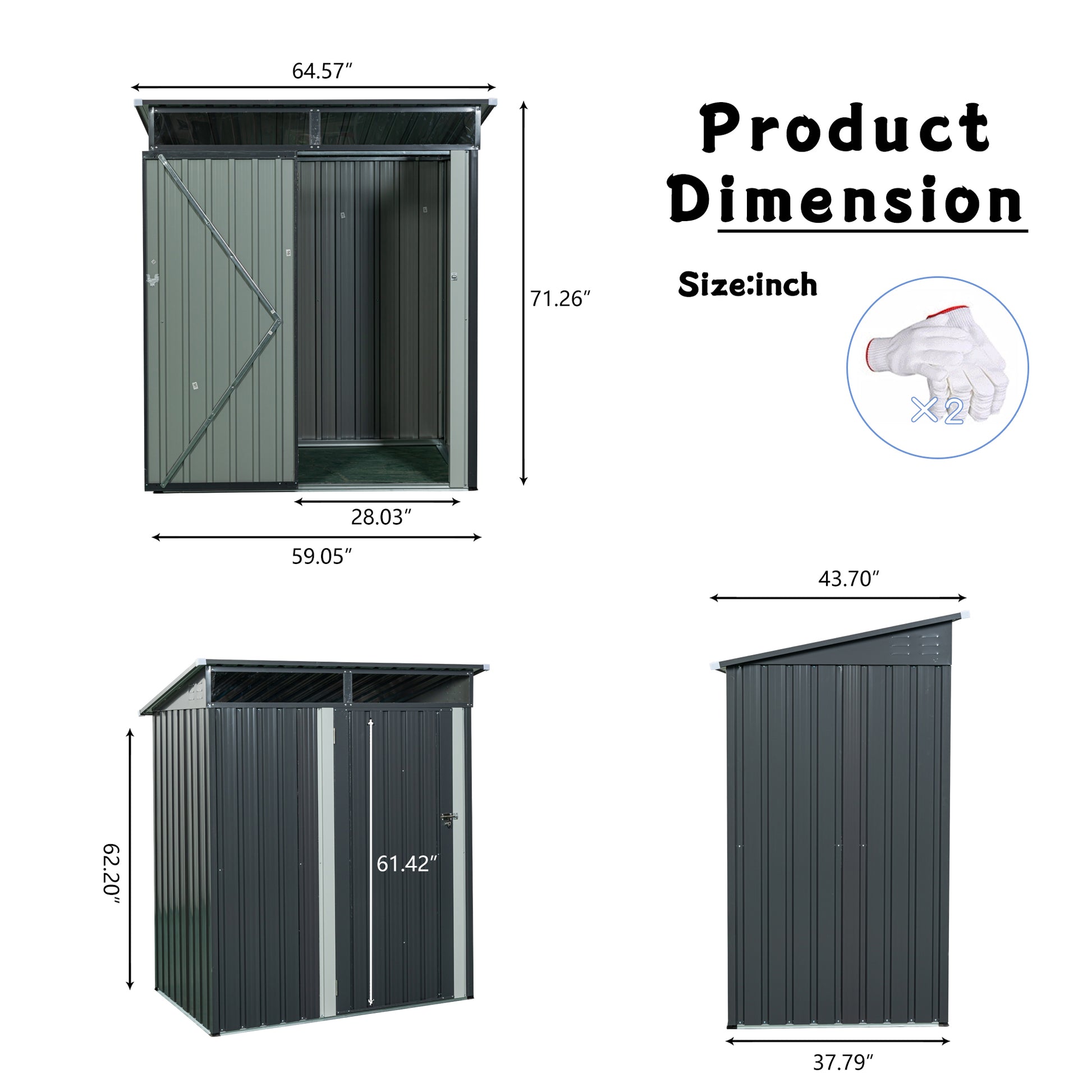 Gray metal garden shed with double doors  wide ideal for outdoor storage