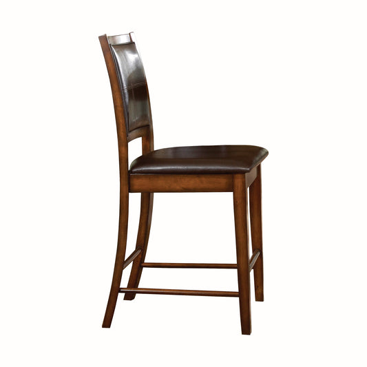Brown leather upholstered back and seat bar stool with wooden frame