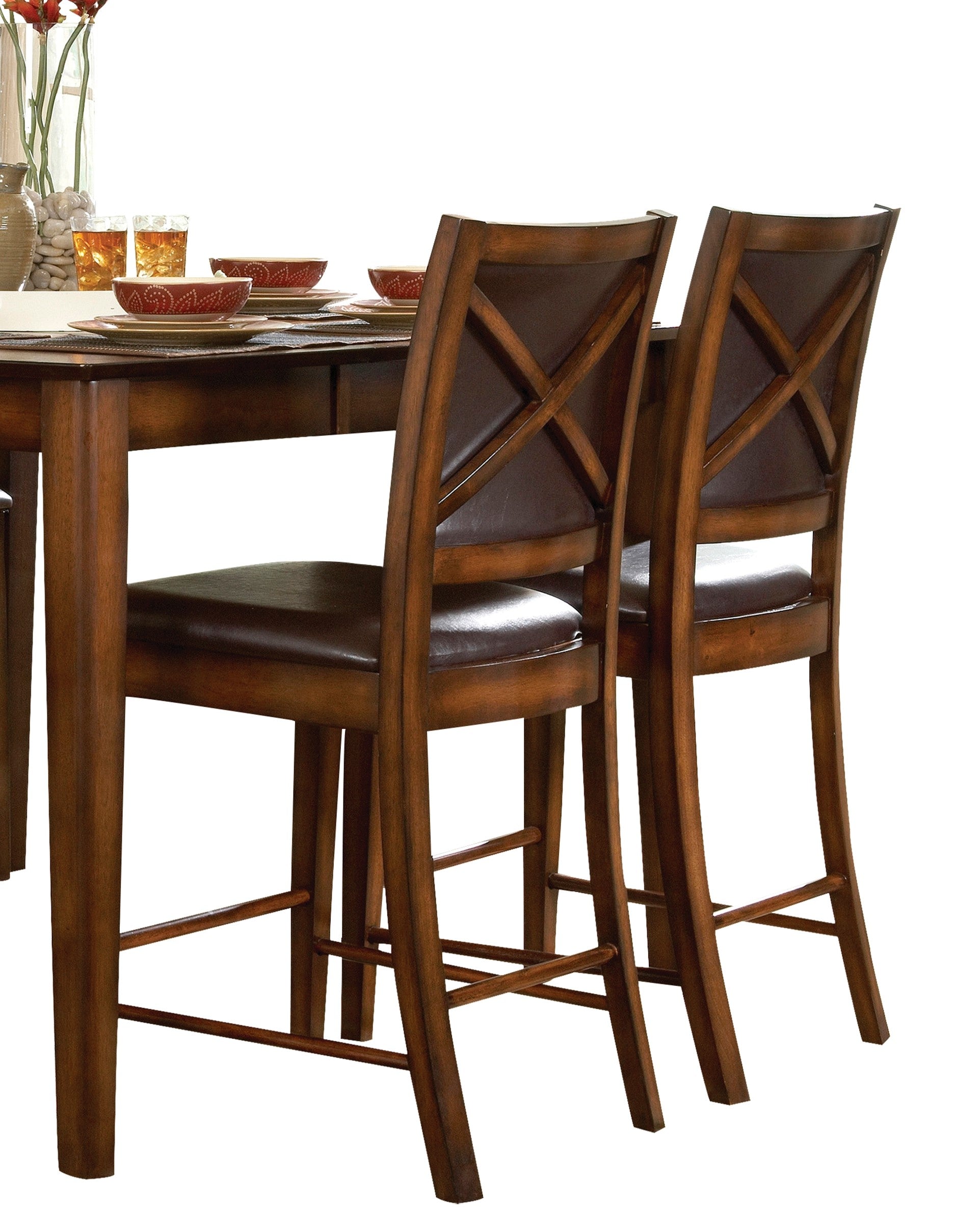 Wooden counter stools with Xback design and dark brown leather seats
