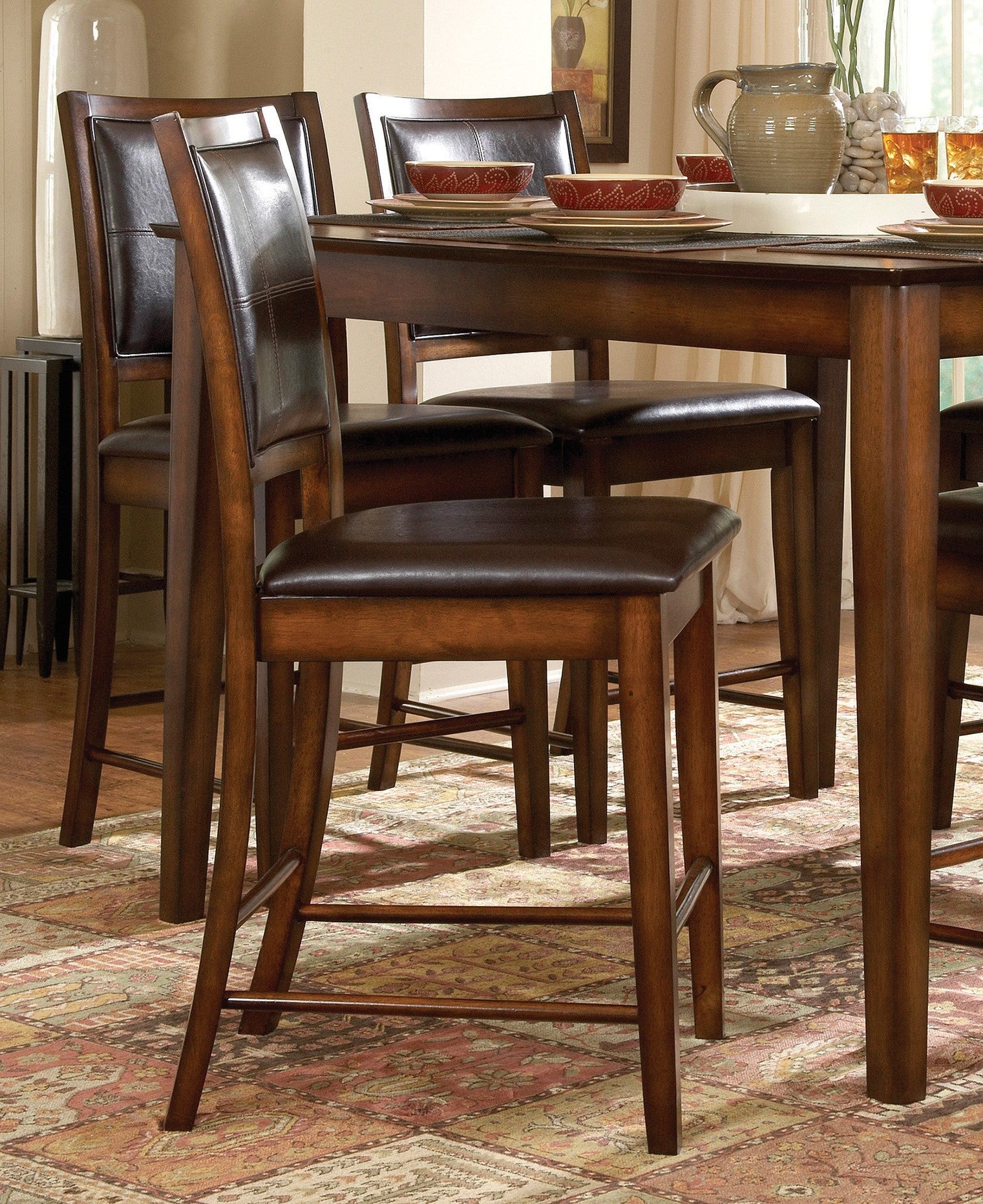 Dark brown leather upholstered wood bar stool with tufted backrest