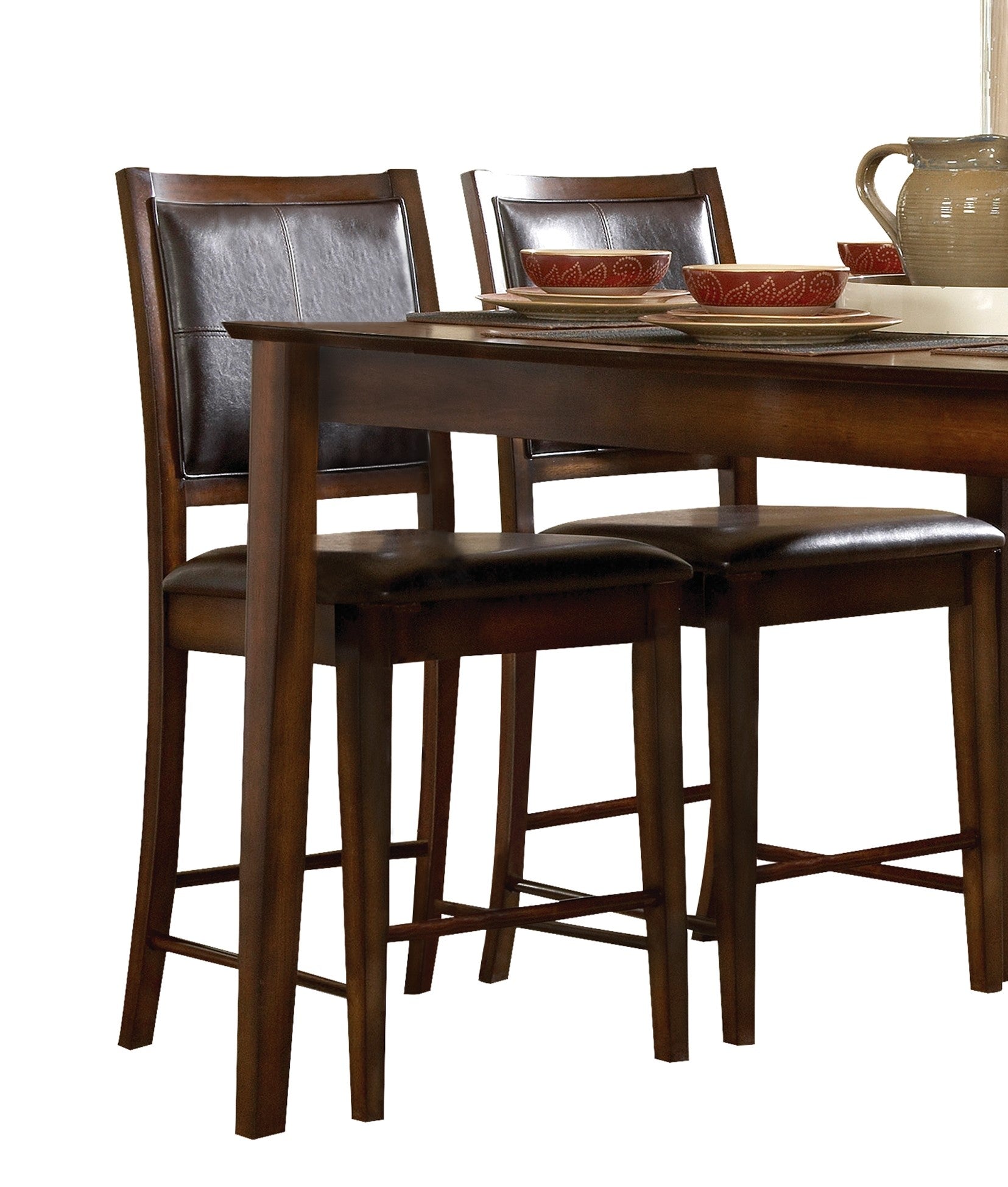 Dark brown wooden bar stool with faux leather seat and backrest part of a dining set