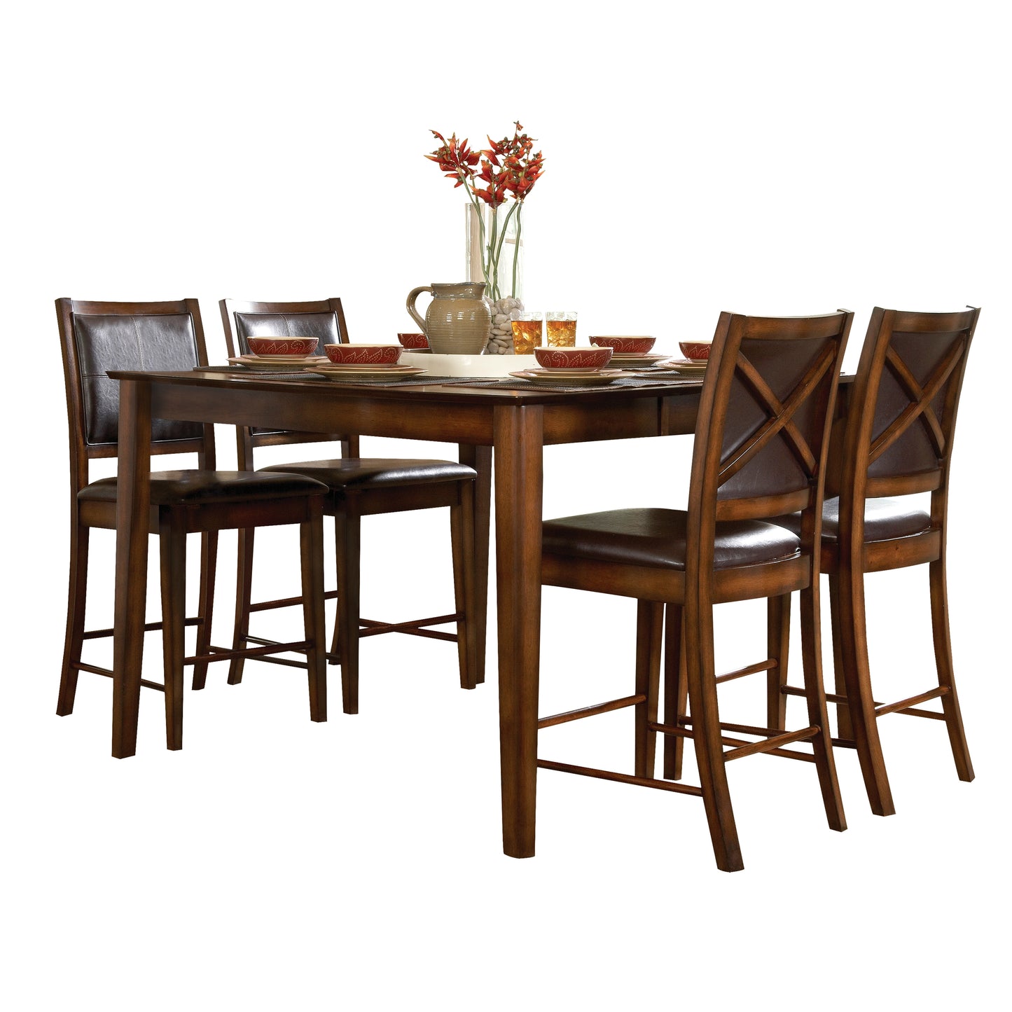 Dark wood counter height dining set with four upholstered brown chairs