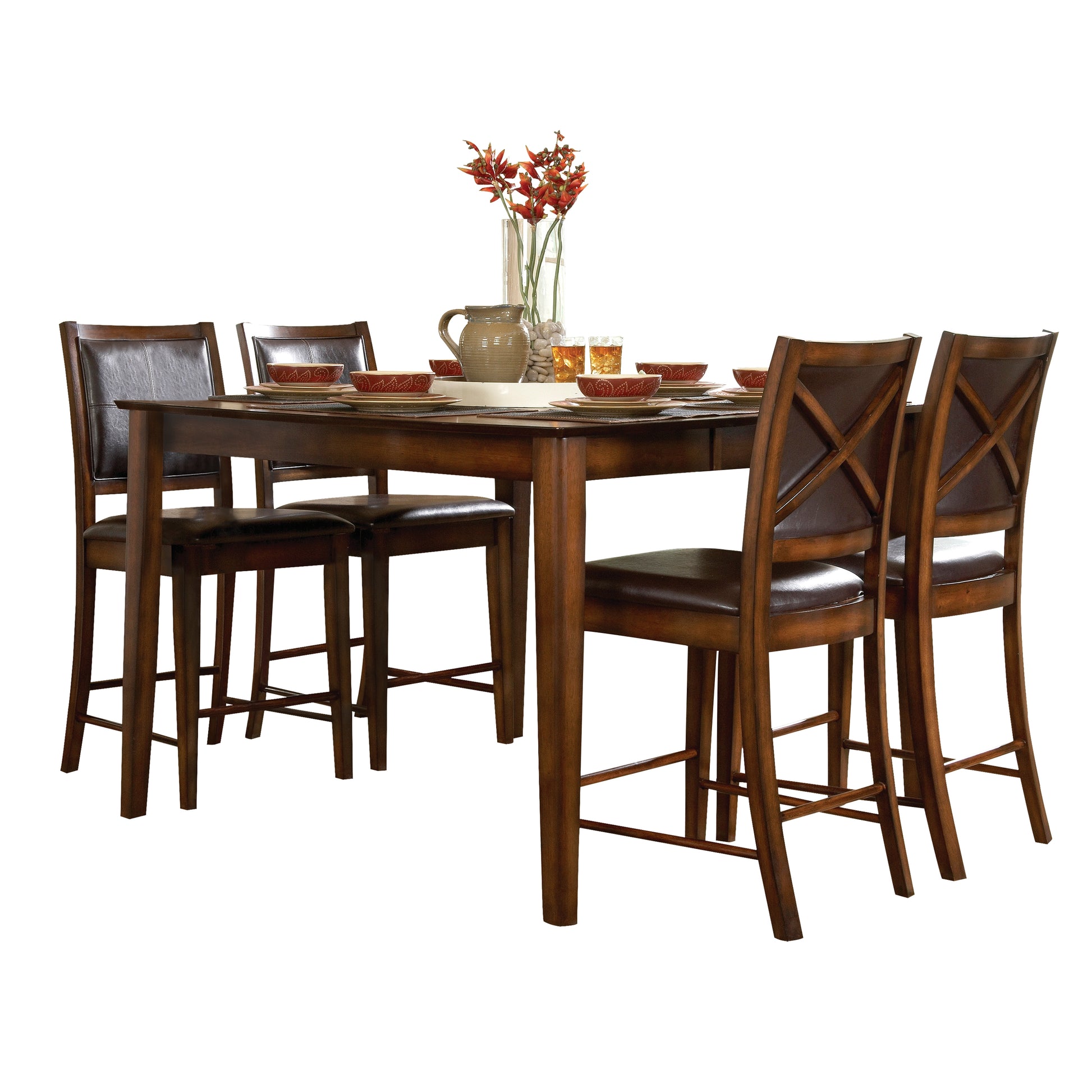 Dark wood counter height dining set with four upholstered brown chairs