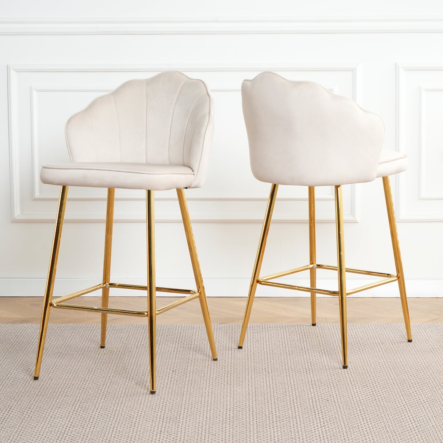 Cream velvet scallop bar stool with polished gold legs modern design