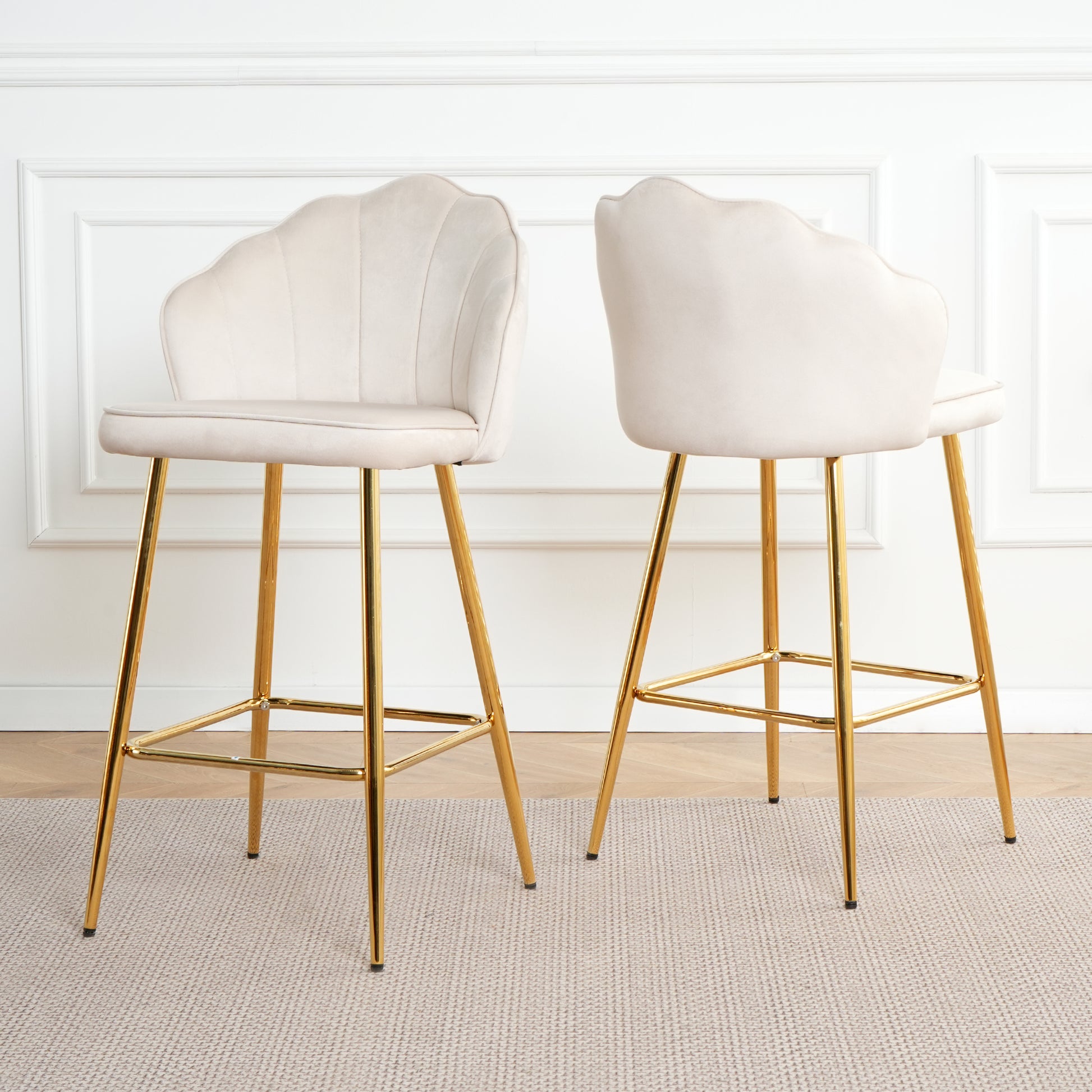 Cream velvet scallop bar stool with polished gold legs modern design