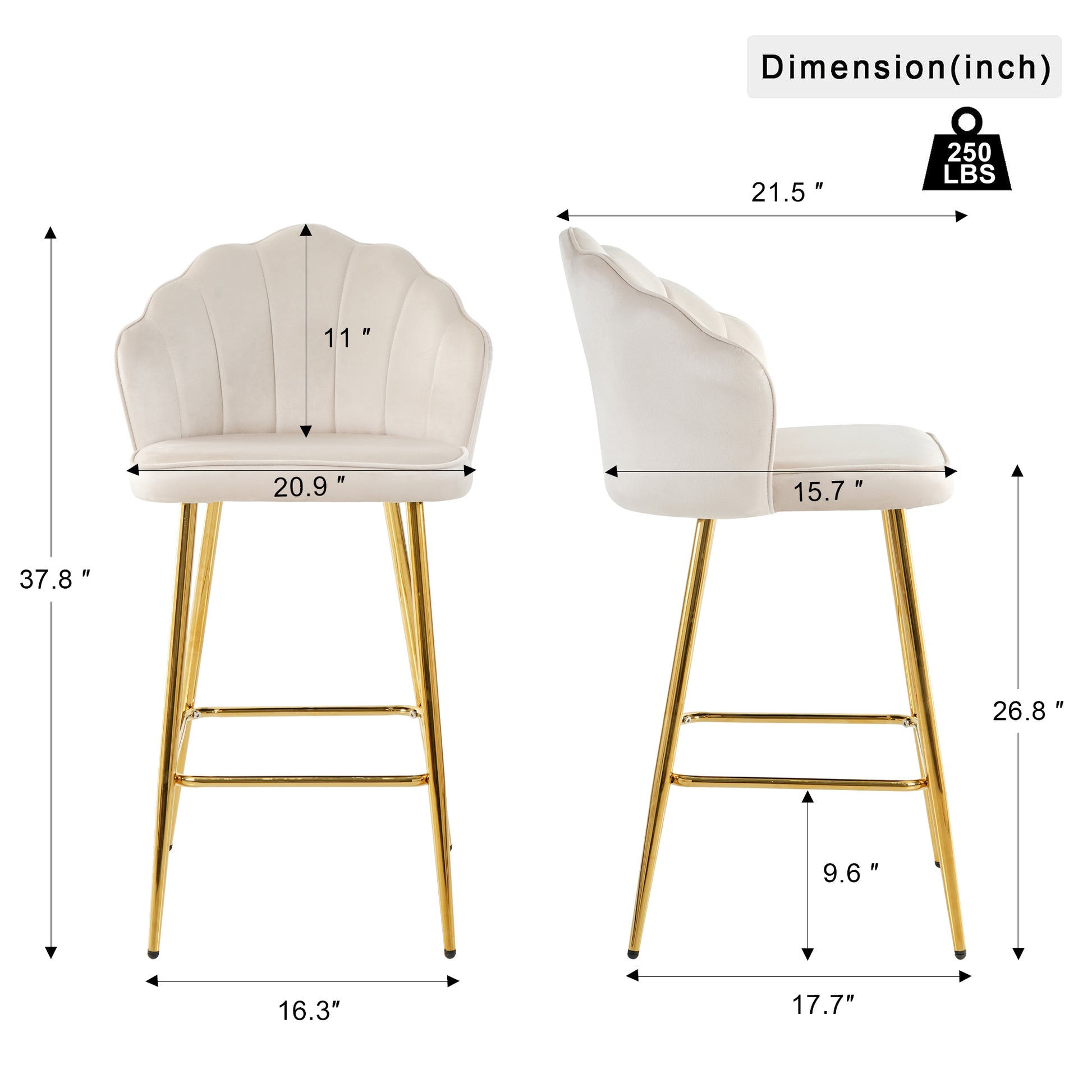 Cream velvet scallop back bar stool with gold legs