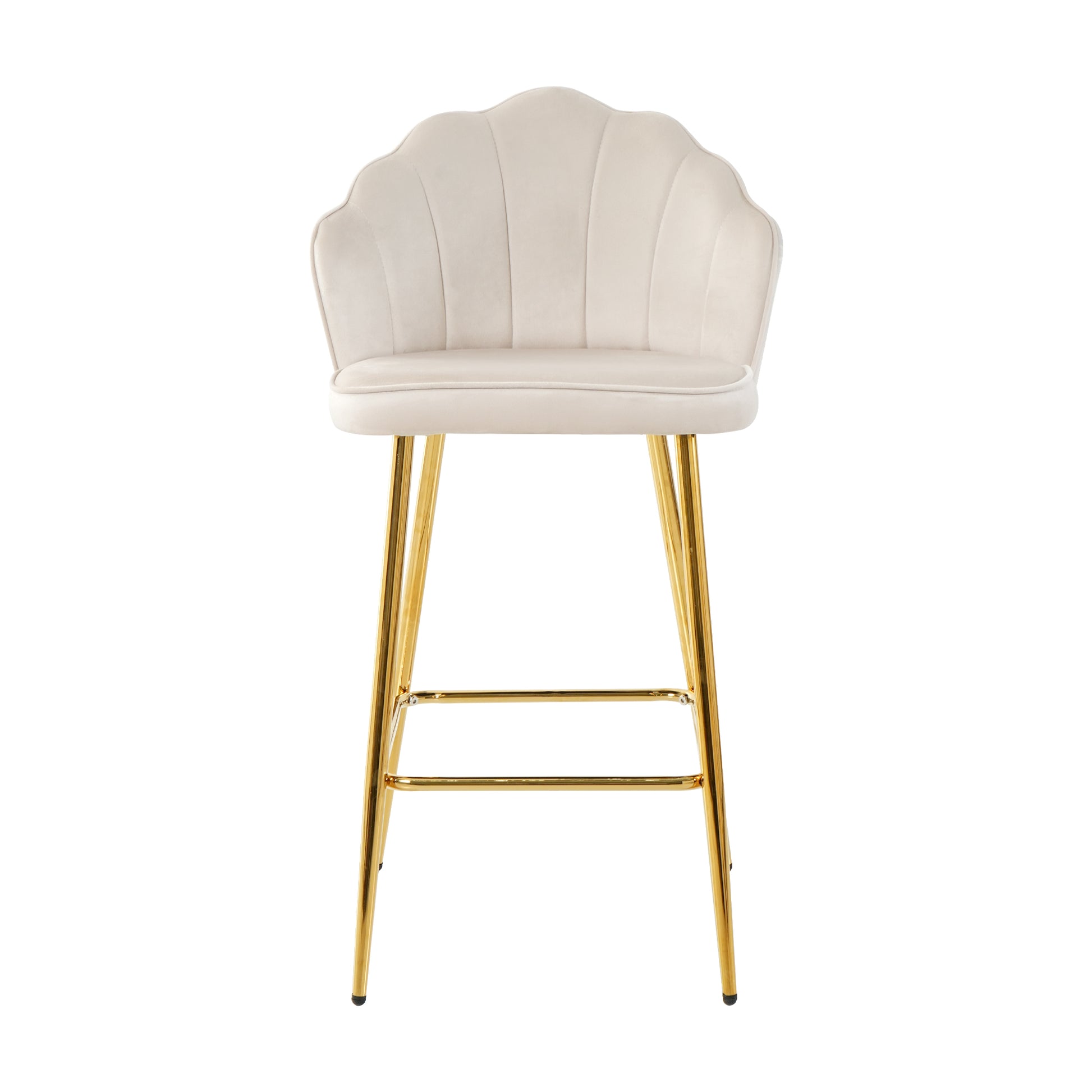 Elegant cream velvet bar stool with scalloped back and gold legs