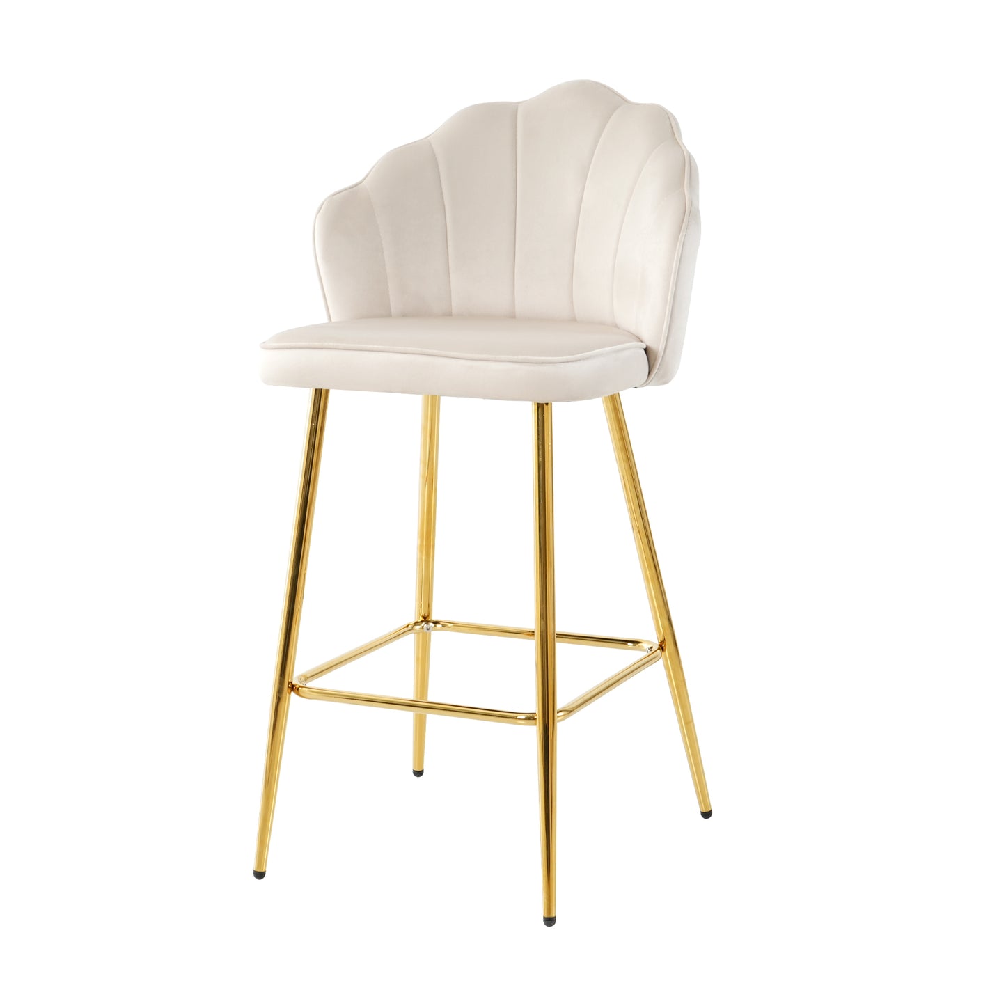 Elegant cream velvet bar stool with scalloped back and gold legs
