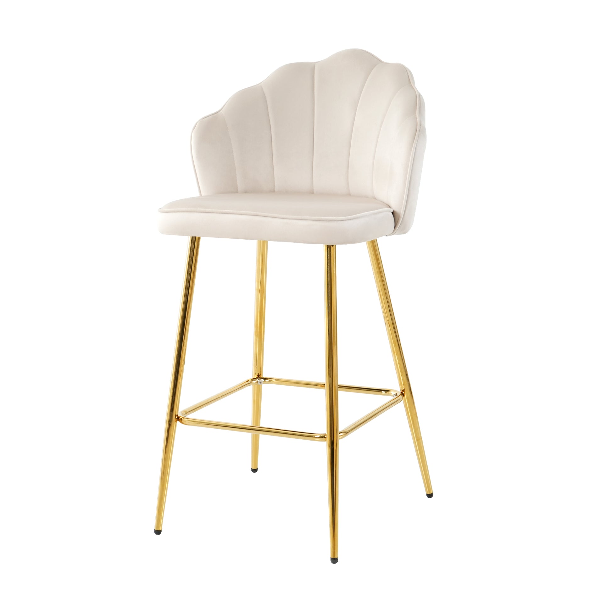 Elegant cream velvet bar stool with scalloped back and gold legs