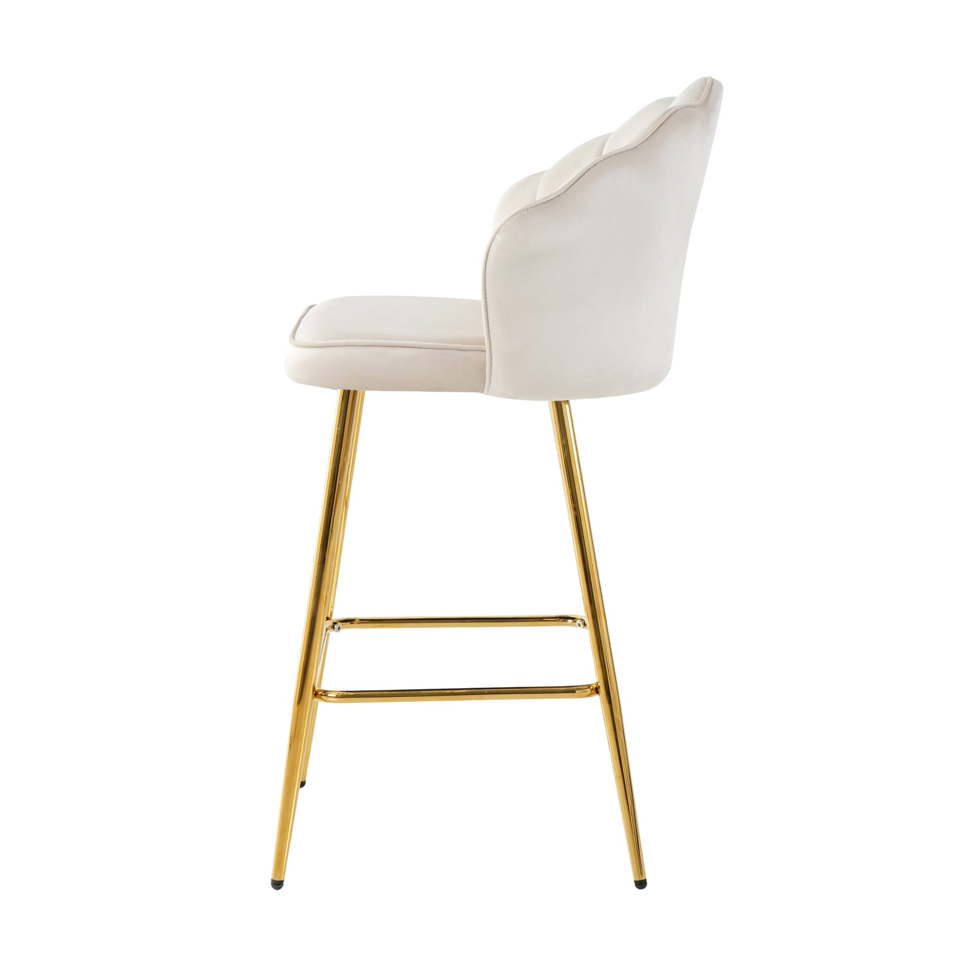 Upholstered cream bar stool with tufted back and gold metal legs