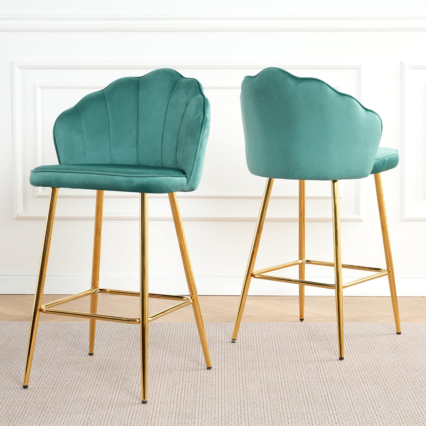 Teal velvet bar stool with scallop back and gold legs a stylish seating option