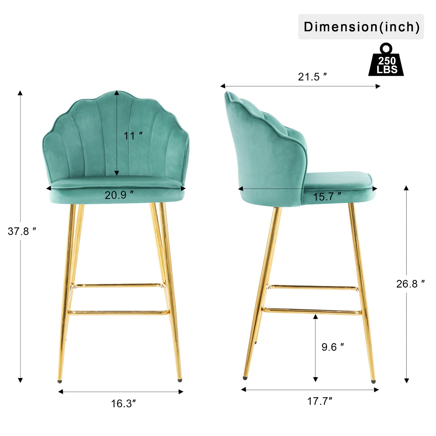 Teal velvet bar stool with shellshaped back and gold legs  H