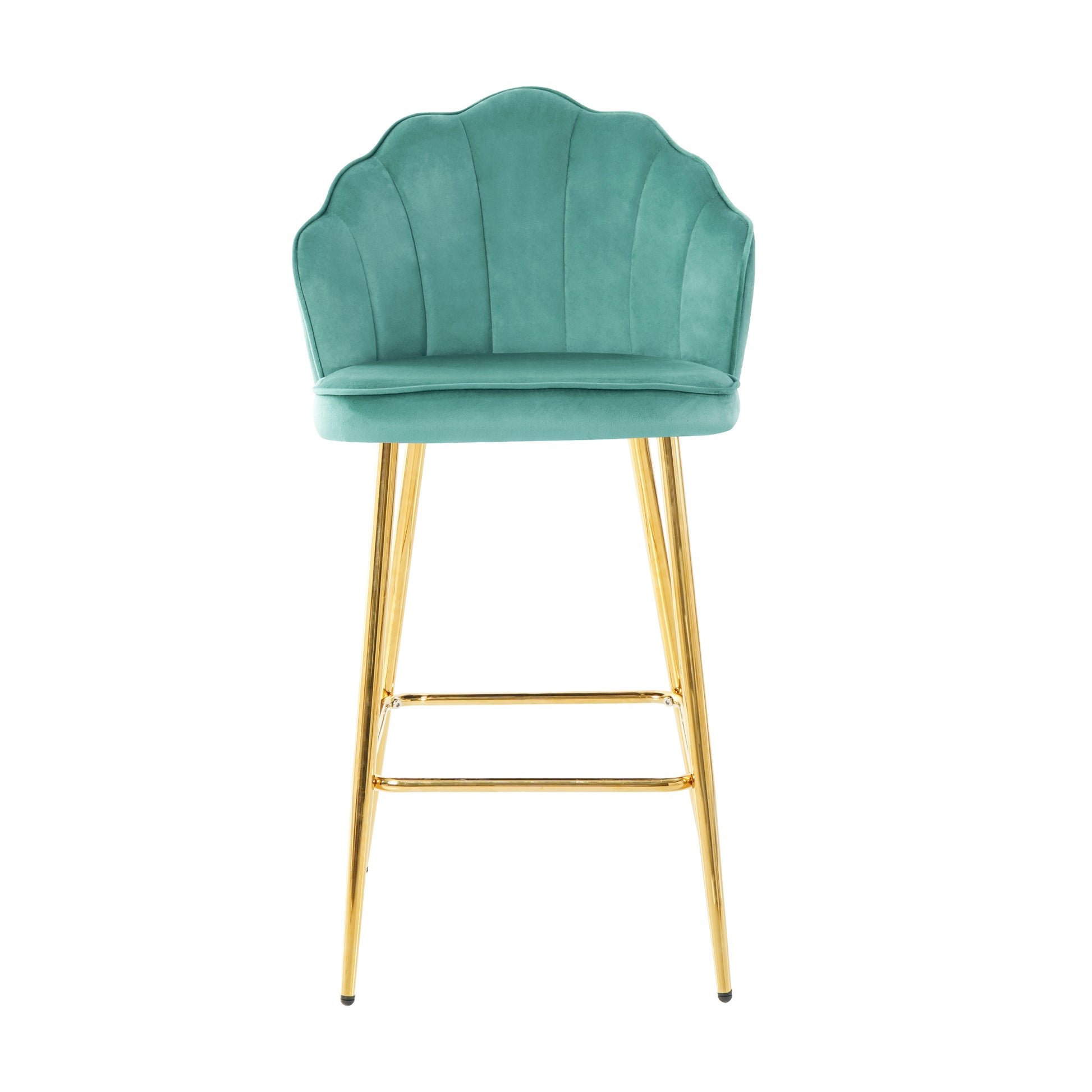 Teal velvet bar stool with gold legs and scallop back design