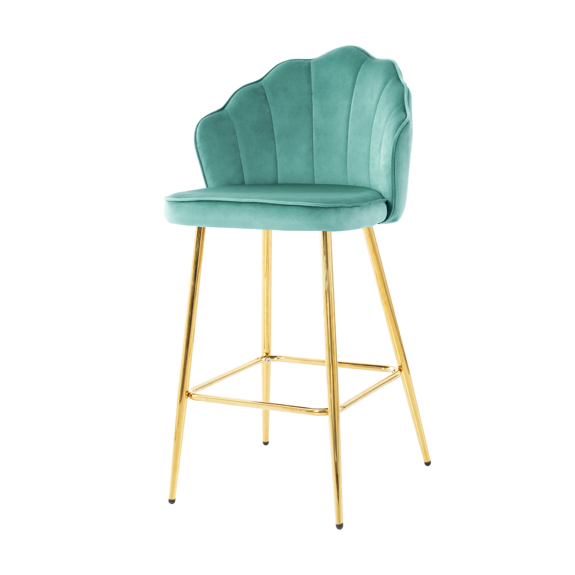 Teal velvet bar stool with a fluted shell back and gold metal legs