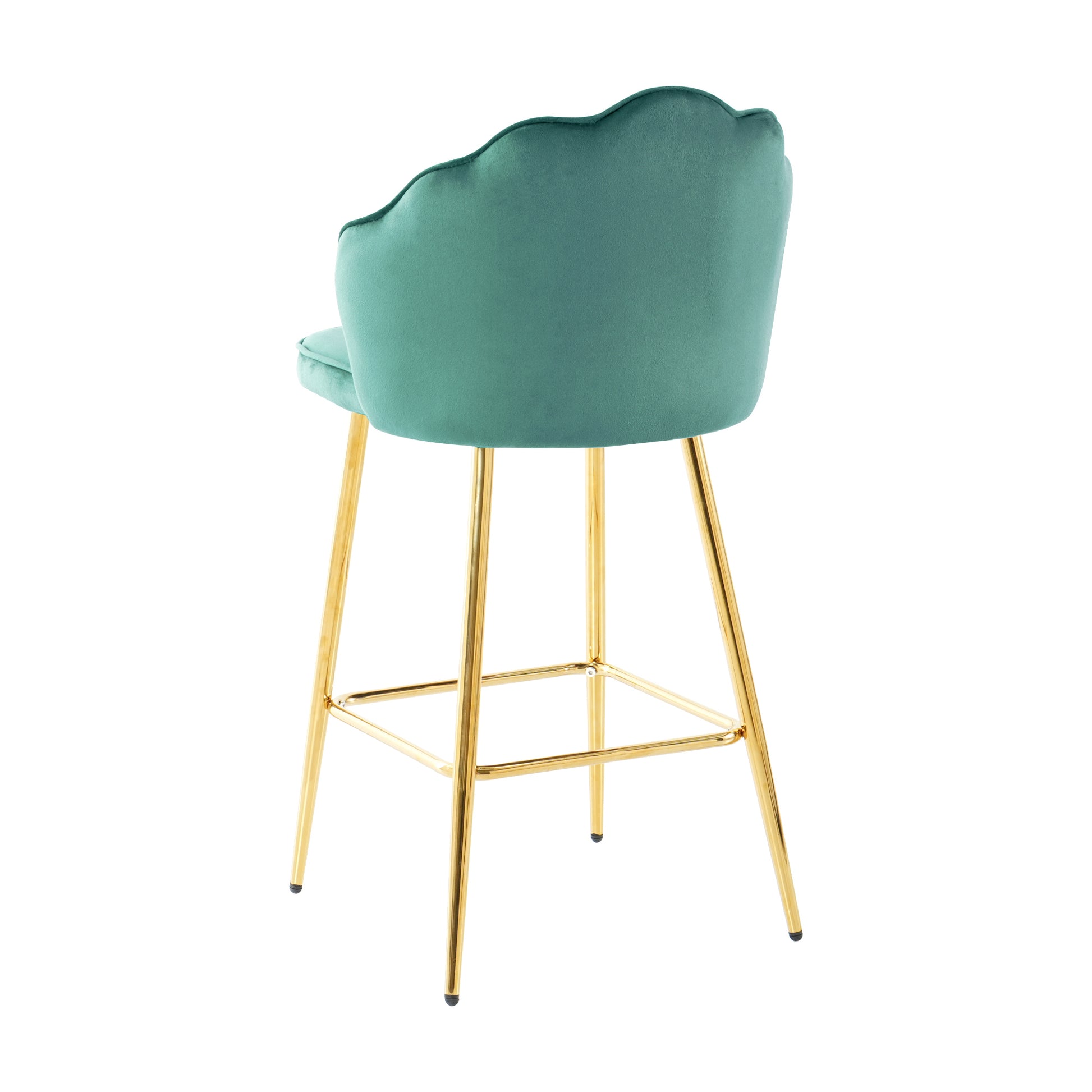 Teal velvet bar stool with scalloped back and gold metal legs