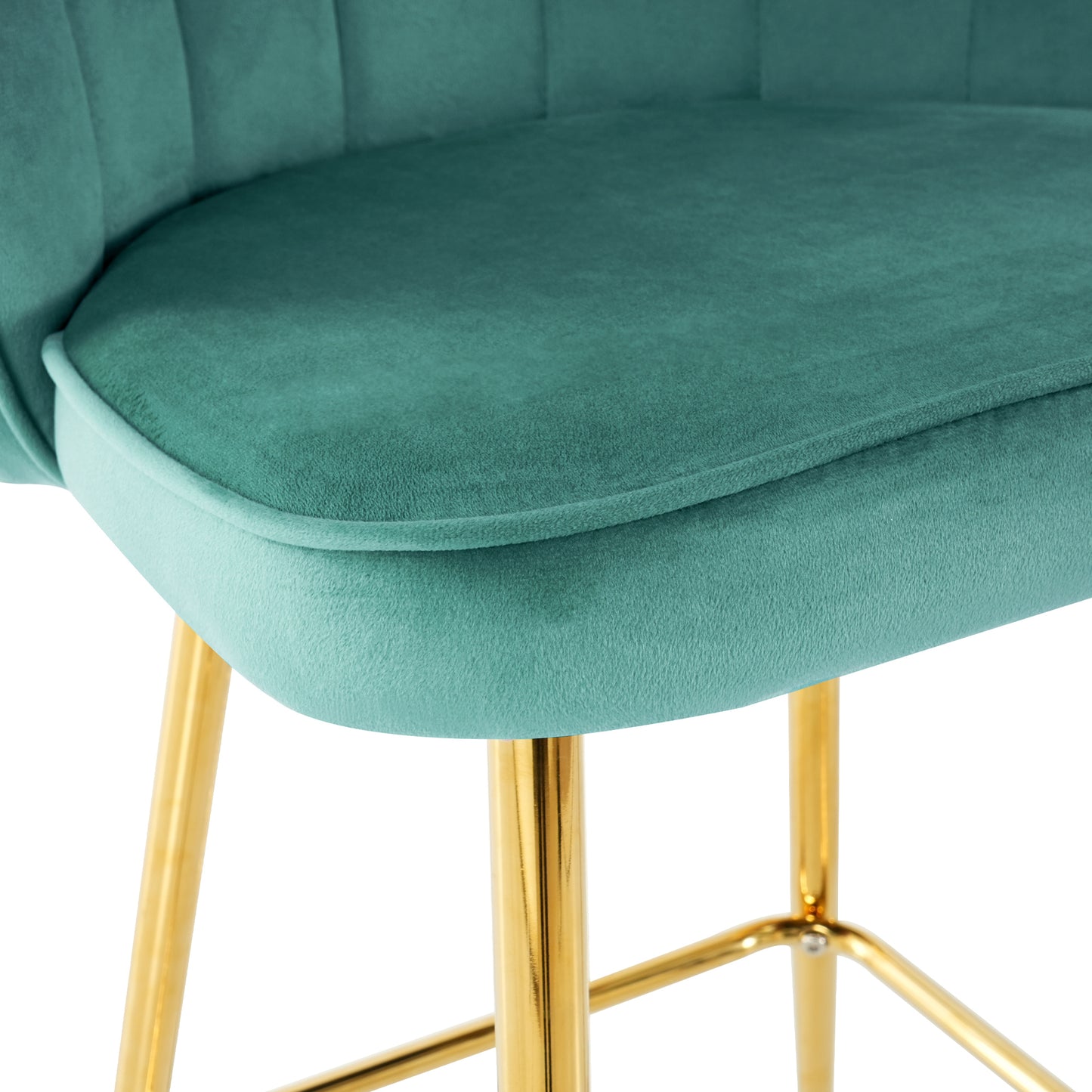 Teal velvet bar stool with plush tufted back and gold metal legs modern design