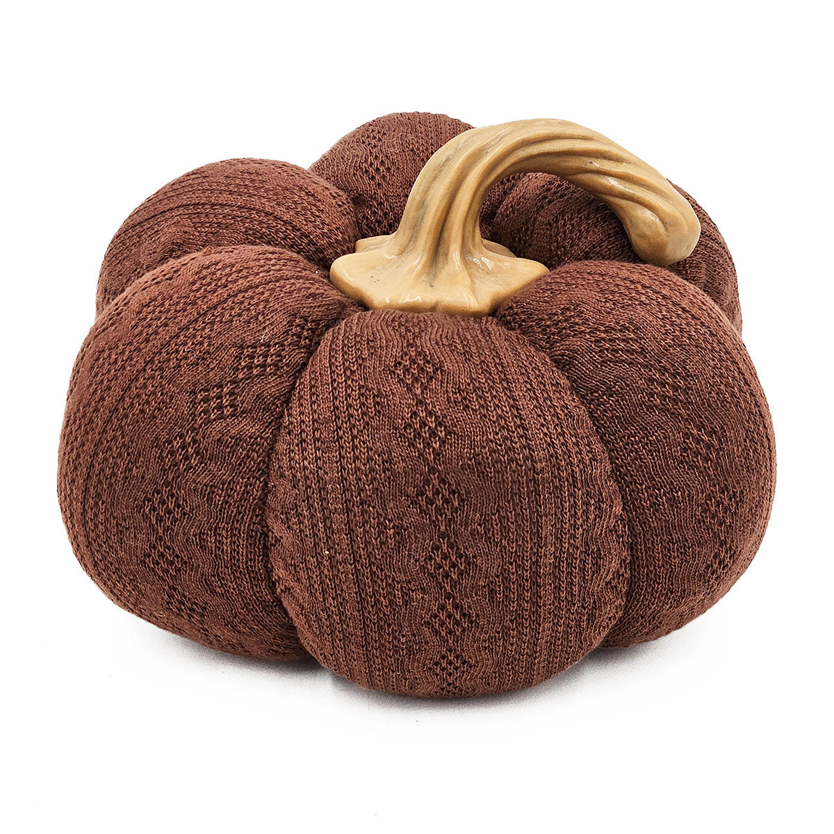 Brown knit pumpkin decor with textured stem  inches tall