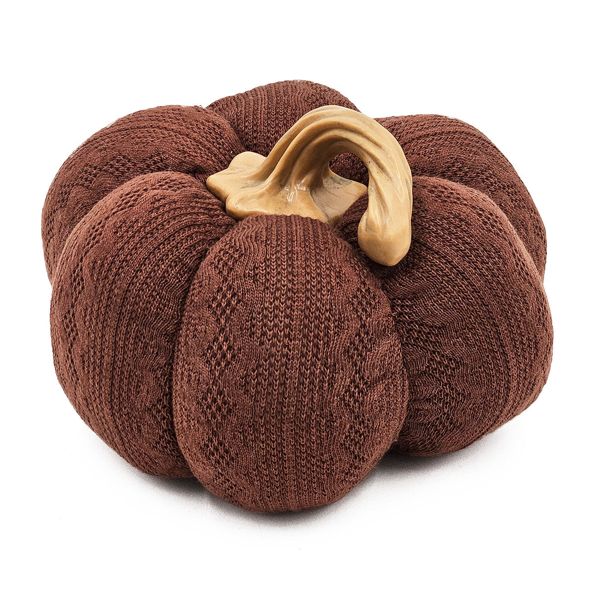 Knitted brown pumpkin decor with beige stem perfect for autumn table settings