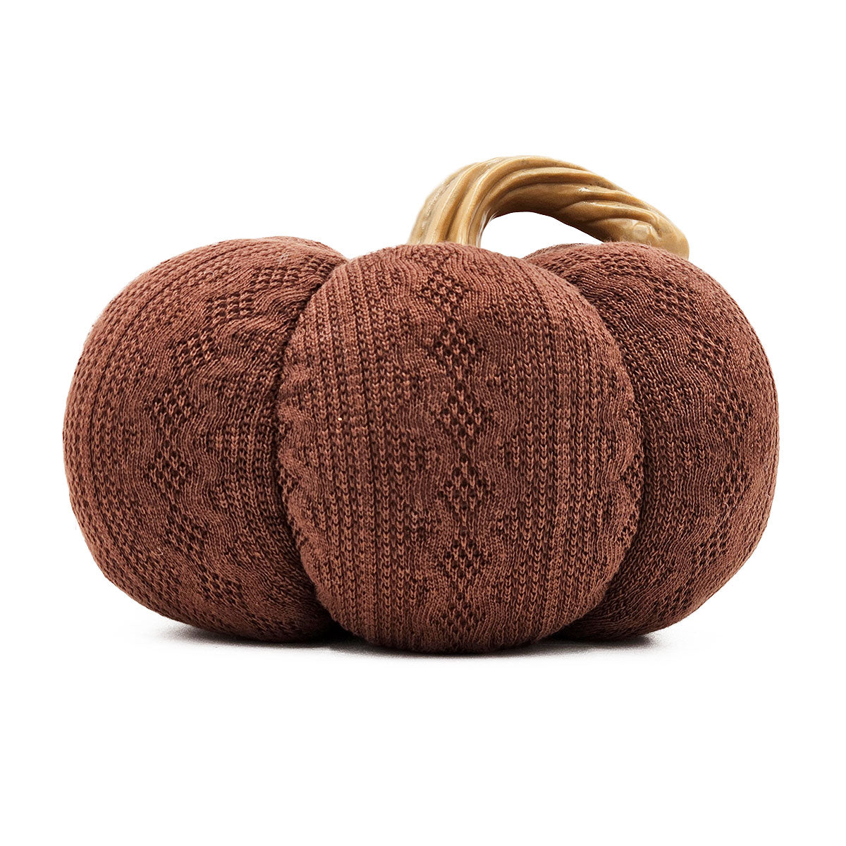 Brown knitted pumpkin with detailed diamond pattern and twisted stem