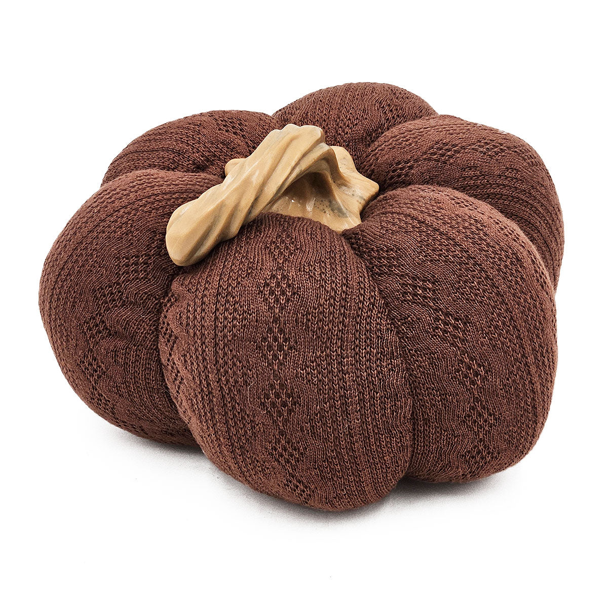 Brown knitted pumpkin decorative accent with beige stem perfect fall decor