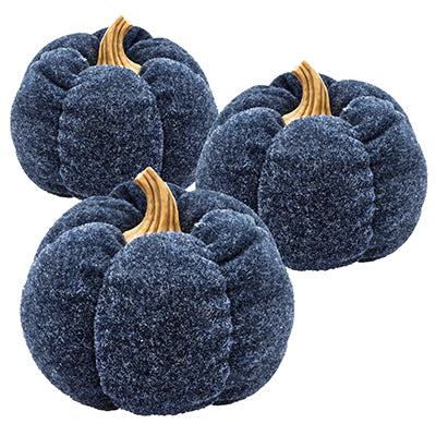 Three plush dark blue pumpkins with light brown stems for fall decor