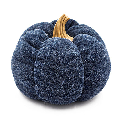 Textured navy blue fabric pumpkin decoration with a light brown stem