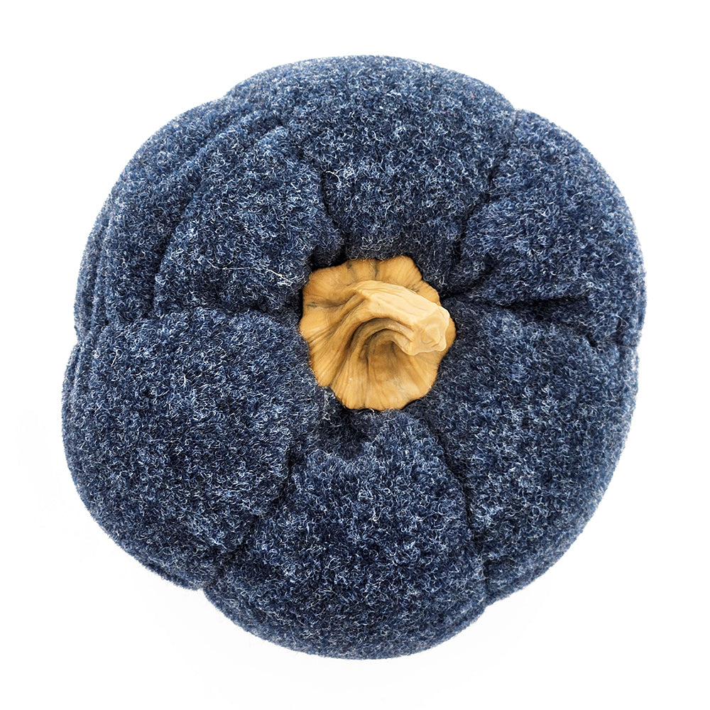 Navy blue fabric pumpkin decoration with rustic wooden stem for autumn display